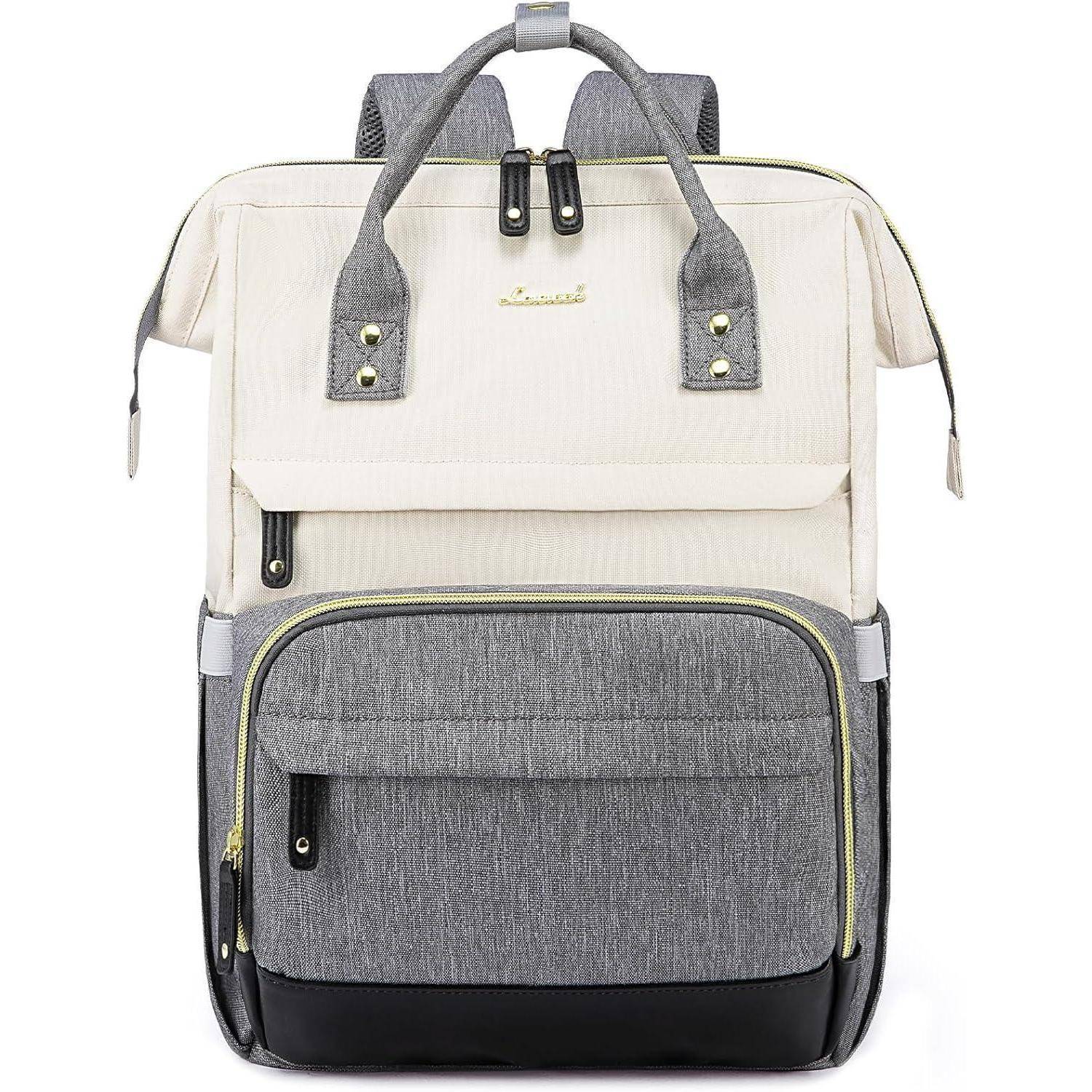 Ein stilvoller Rucksack in Mehrfarben-Design mit weißem oberen Abschnitt, grauer Vordertasche und schwarzer Basis, ausgestattet mit zwei Tragegriffen und mehreren Reißverschlüssen.