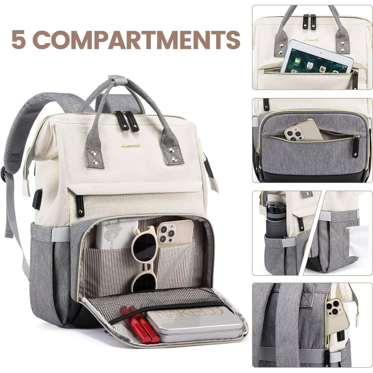 Ein Mehrkammer-Rucksack mit beschrifteten Abteilen: eine Tablett-Tasche, eine Handytasche, ein Wasserflaschenhalter und einen Rückenzugang für einfache Organisation.