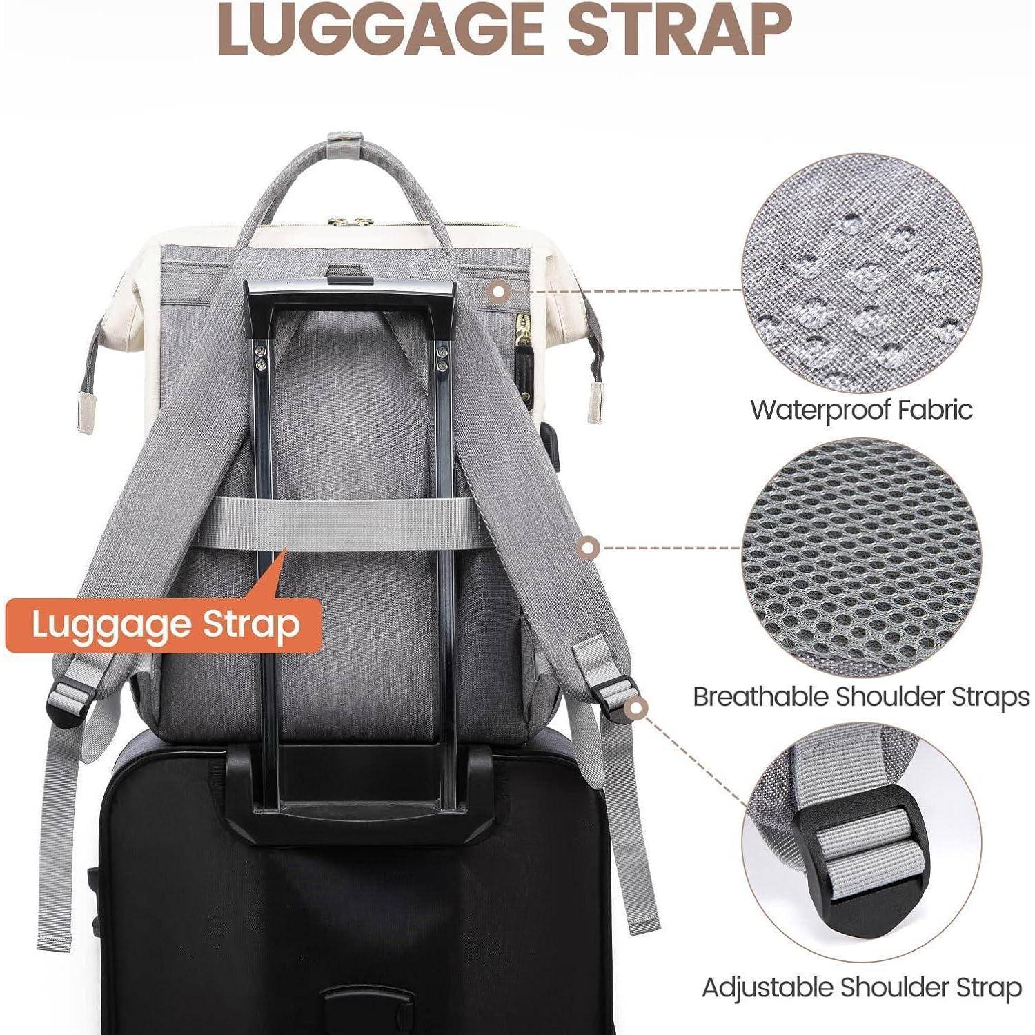 Ein Rucksack wird mit einem Gurt an einem Koffer befestigt gezeigt. Etiketten weisen auf «Wasserdichtes Gewebe», «Atmungsaktive Schultergurte» und «Verstellbarer Gepäckgurt» hin.