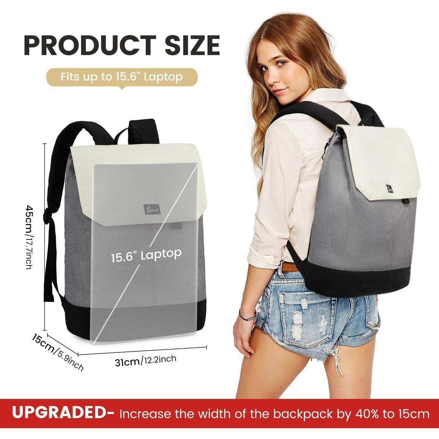 Frau mit einem grauen und schwarzen Rucksack, der für Laptops bis zu 15,6 Zoll entwickelt wurde; Abmessungen: 45cm x 31cm x 15cm. Text: Verbessert für mehr Stauraum.