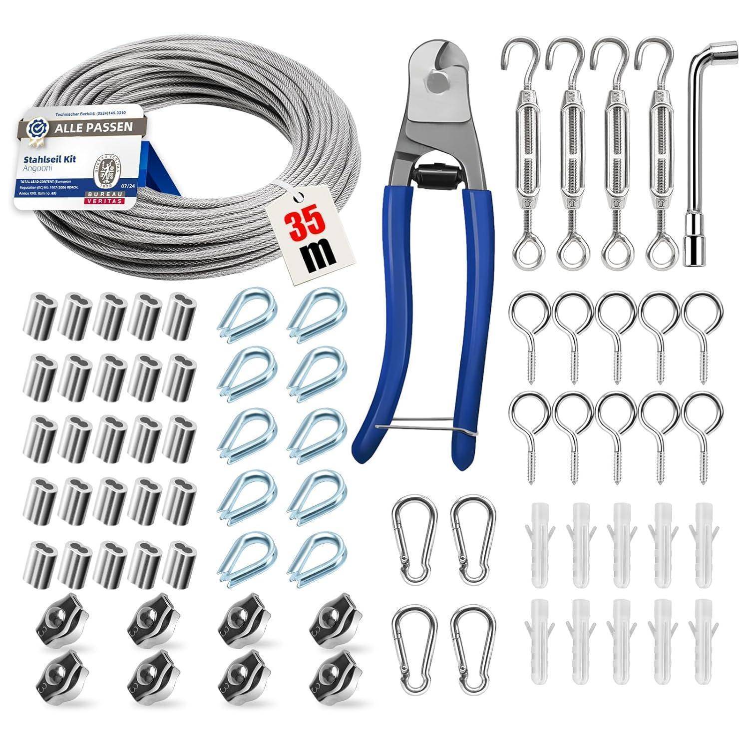 Ein Stahlseilset mit 35m Kabel, blau-griffenem Schneider, Haken, Drahtklemmen, Kauschen, Spannschlössern, Ringschrauben und Wandankern.