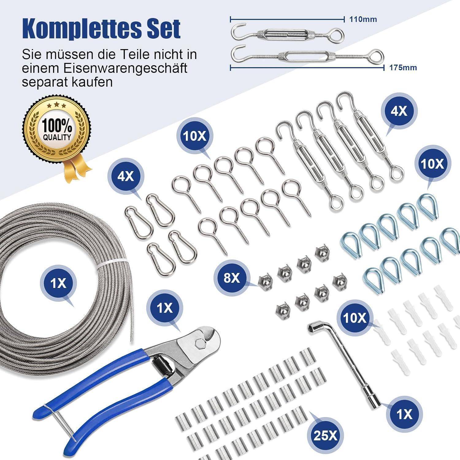 Komplettes Set umfasst Haken, Drähte und Befestigungselemente in verschiedenen Mengen, versehen mit Maßangaben und einem Qualitätssiegel.