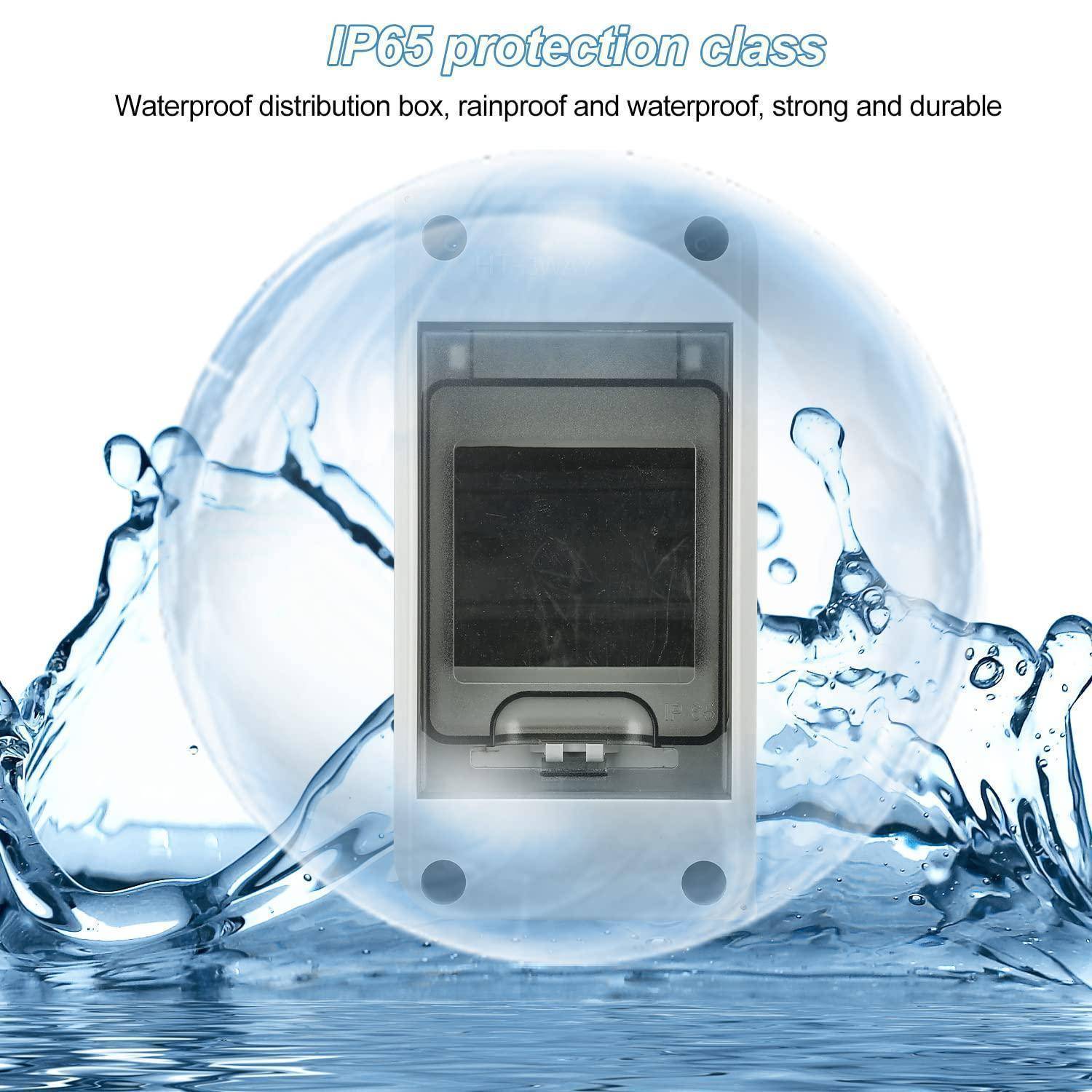 Eine wasserdichte Verteilerdose mit IP65-Schutzart wird vor einem Wasserspritzhintergrund dargestellt. Der Text lautet 