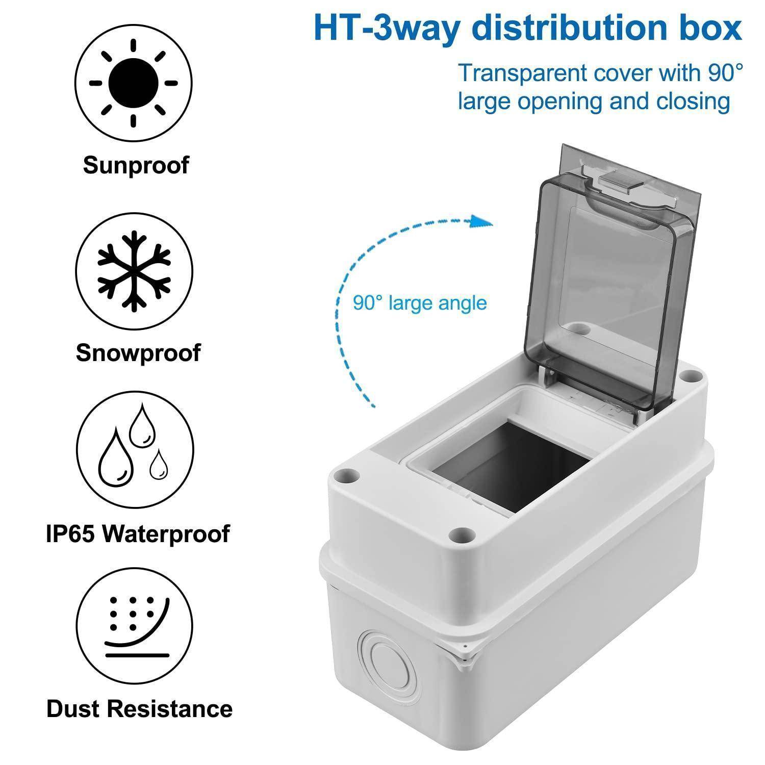HT-3way Verteilerdose' verfügt über einen transparenten Deckel mit großer 90° Öffnung. Symbole zeigen Sonnenschutz, Schneeschutz, IP65 Wasserdichtigkeit und Staubresistenz.