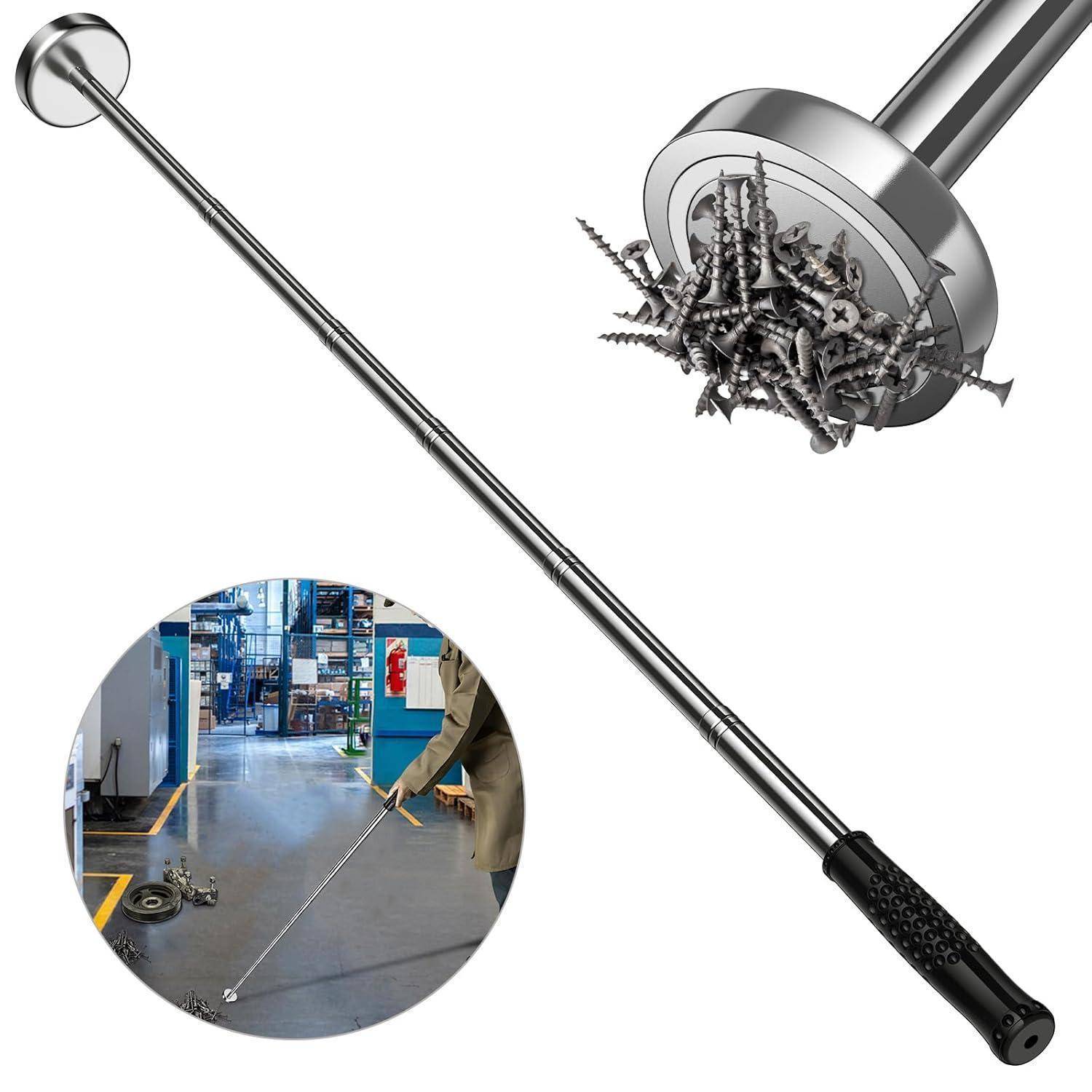 Ein magnetisches Aufnahmewerkzeug mit langem Griff, das Metallschrauben anzieht. Eingesetzte Abbildung zeigt das Werkzeug bei der Verwendung, wie es Gegenstände vom Boden aufhebt.