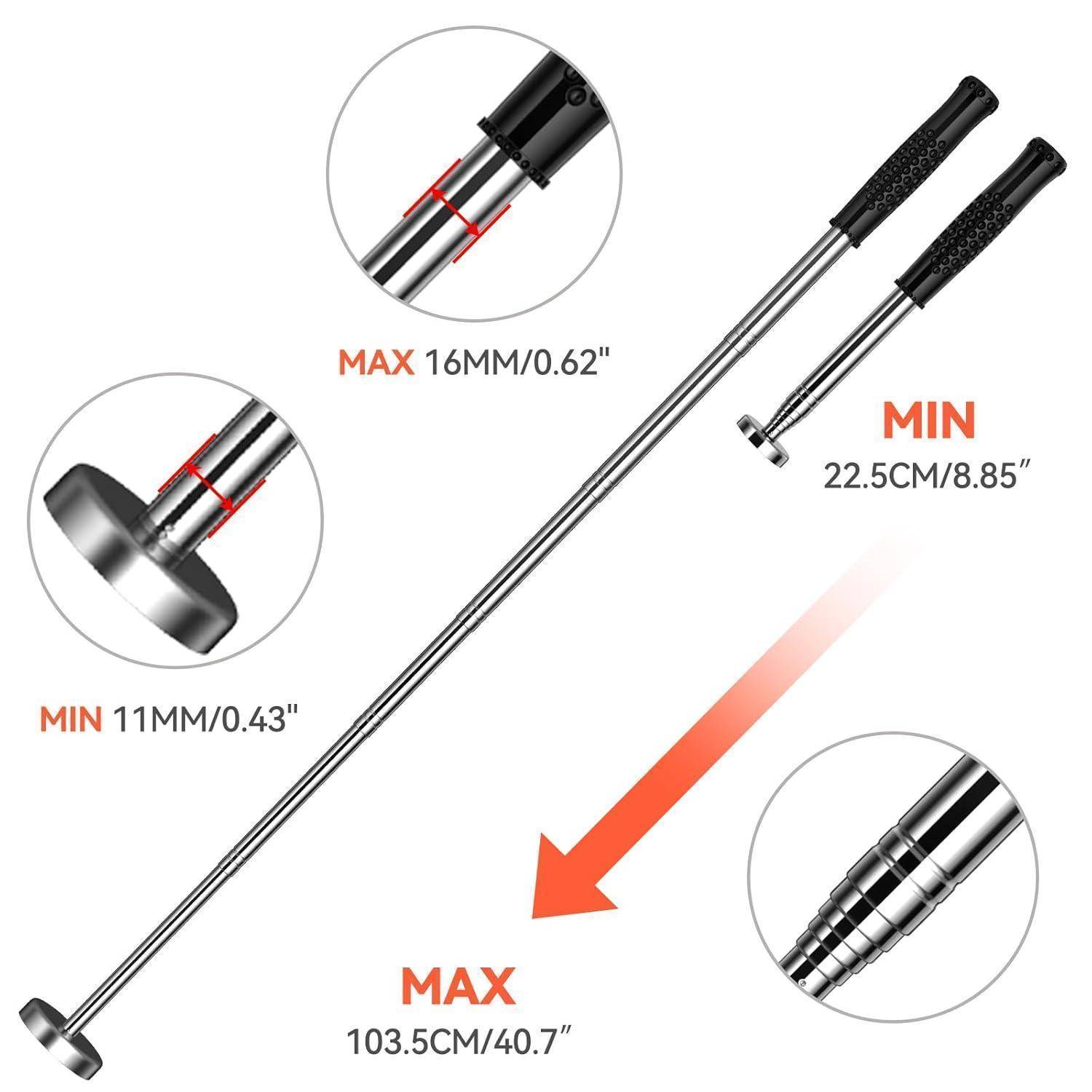Teleskop-Magnetwerkzeug mit Griffen. Länge einstellbar von 22,5 cm bis 103,5 cm. Magnetabmessungen zwischen 11 mm und 16 mm.