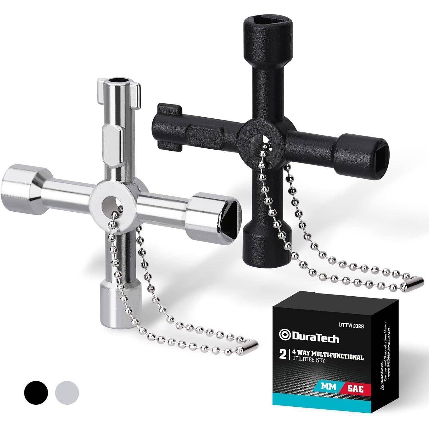 Ein 2-in-1 multifunktionales Schlüsselwerkzeug in Silber und Schwarz, entwickelt für Ventile oder Versorgungskästen, mit einer Kette. DuraTech-Branding ist sichtbar.