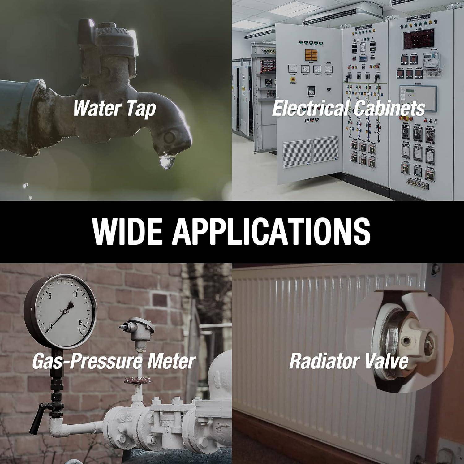 Das Bild zeigt vier Anwendungen: einen Wasserhahn, elektrische Schaltschränke, ein Gasdruckmessgerät und ein Heizkörperventil, die mit Text beschriftet sind.