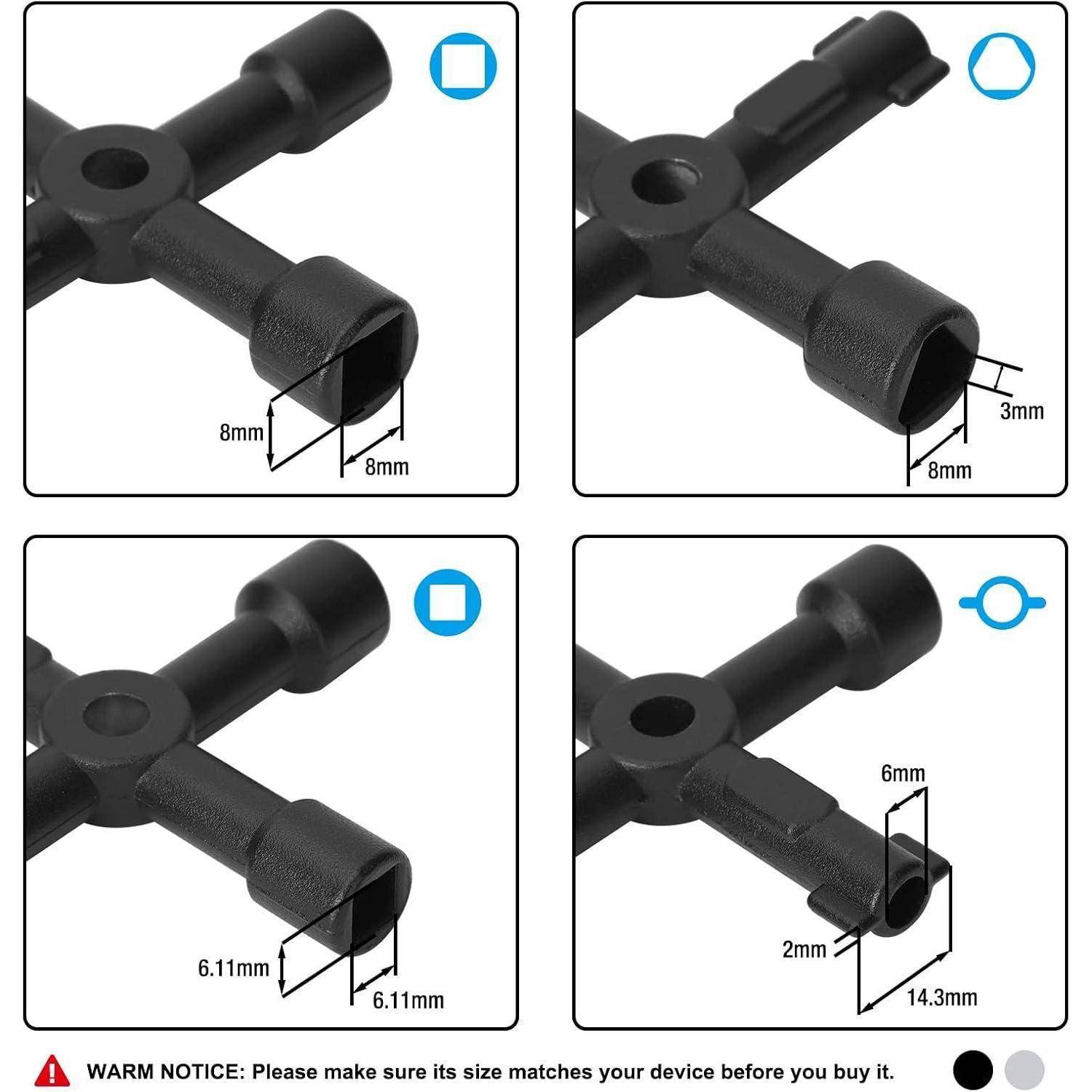 Diagramm eines kreuzförmigen Werkzeugs mit vier beschrifteten Größen für verschiedene Adapter: 8mm, 3mm, 6.11mm, 2mm, 14.3mm. Warnhinweis am unteren Rand.