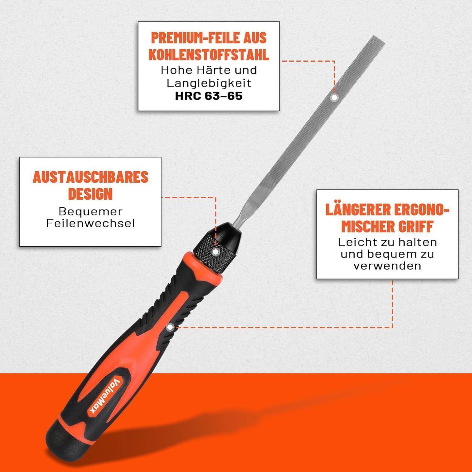 Eine Metallfeile mit einem ergonomischen Griff, beschriftet mit 'Austauschbares Design' und 'Längerer ergonomischer Griff', die Haltbarkeit und Komfort hervorhebt.