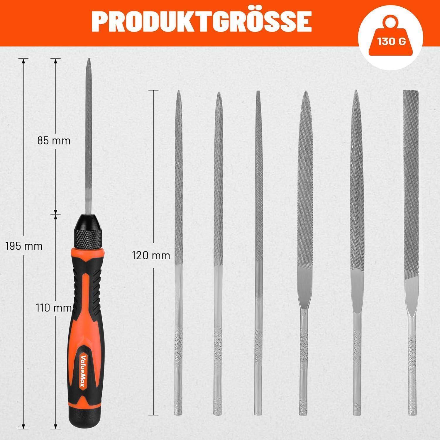 Orangefarbene und schwarze Präzisionsfeilen-Set mit dem Etikett 