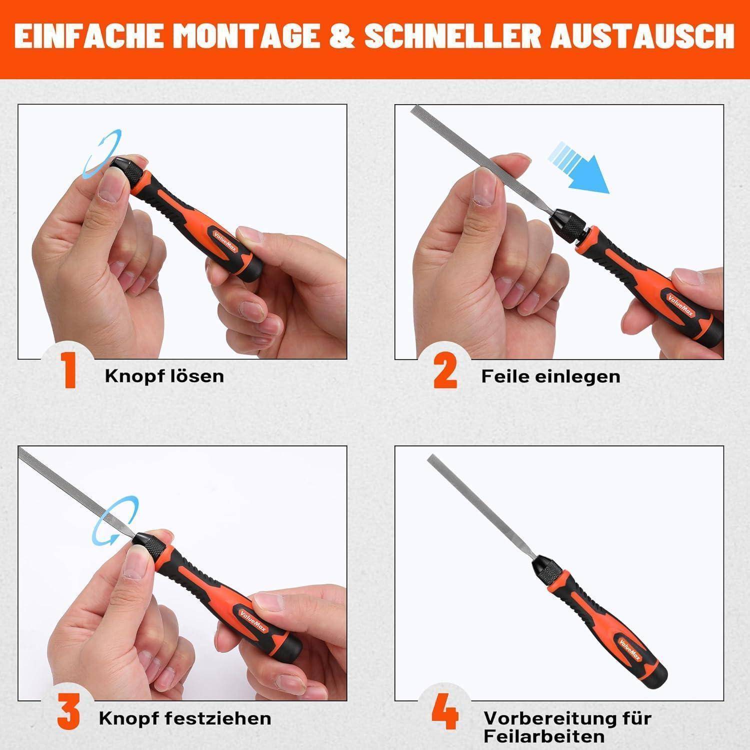 Anleitung zum Installieren und Verwenden eines Werkzeuggriffs: 1) Drehen Sie den Knopf zum Lösen. 2) Feile einsetzen. 3) Knopf festziehen. 4) Bereit zum Feilen.
