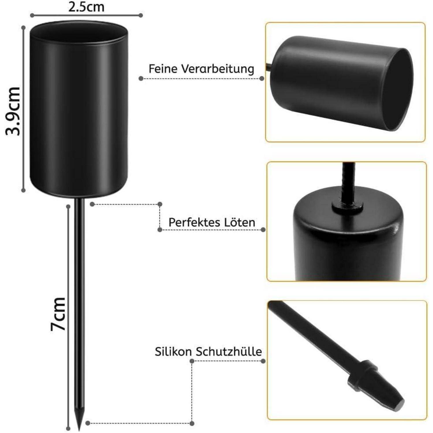 Metallstabdimensionen: 2,5 cm Durchmesser, 3,9 cm Höhe; detaillierte Ansichten unterstreichen feine Handwerkskunst, präzises Löten, Silikonabdeckung.