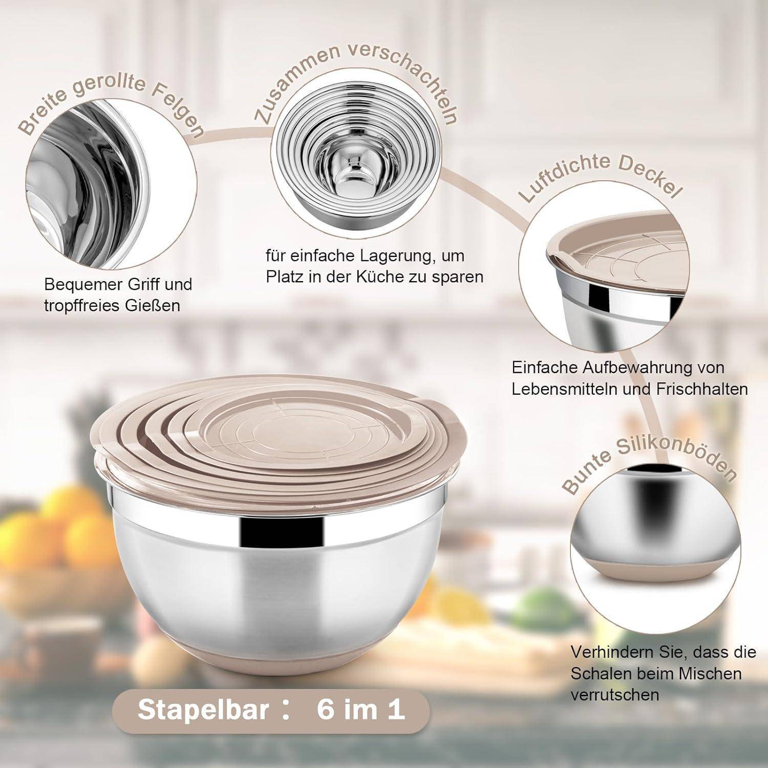 Edelstahl Rührschüssel Set 6er Stapelbar Luftdicht 4.6L-0.7L