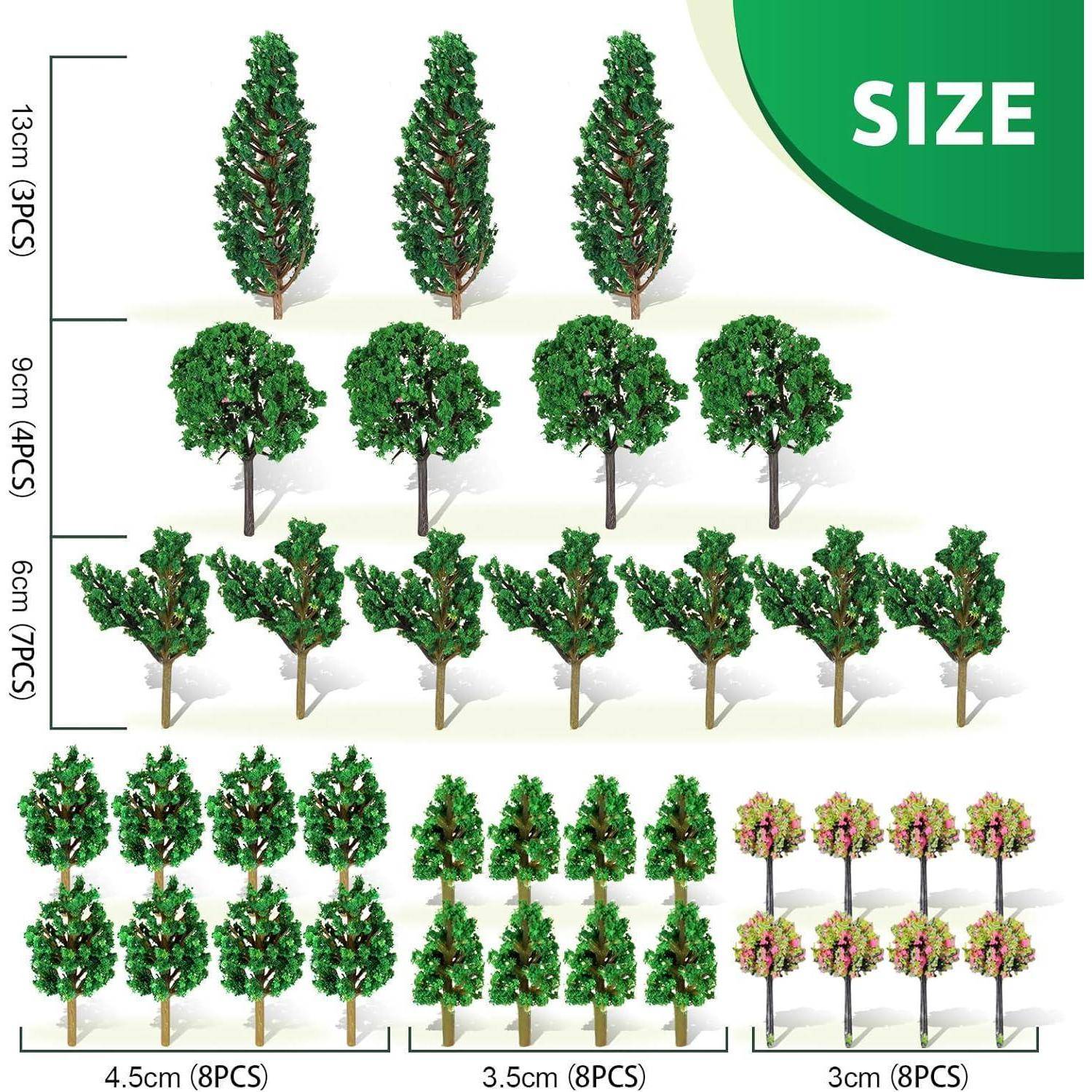 „Set von 30 Miniatur-Modelltreebäumen in verschiedenen Größen—von 13 cm bis 3 cm—in Reihen angeordnet zur Präsentation, mit dem Text ‚GRÖSSE' oben rechts.