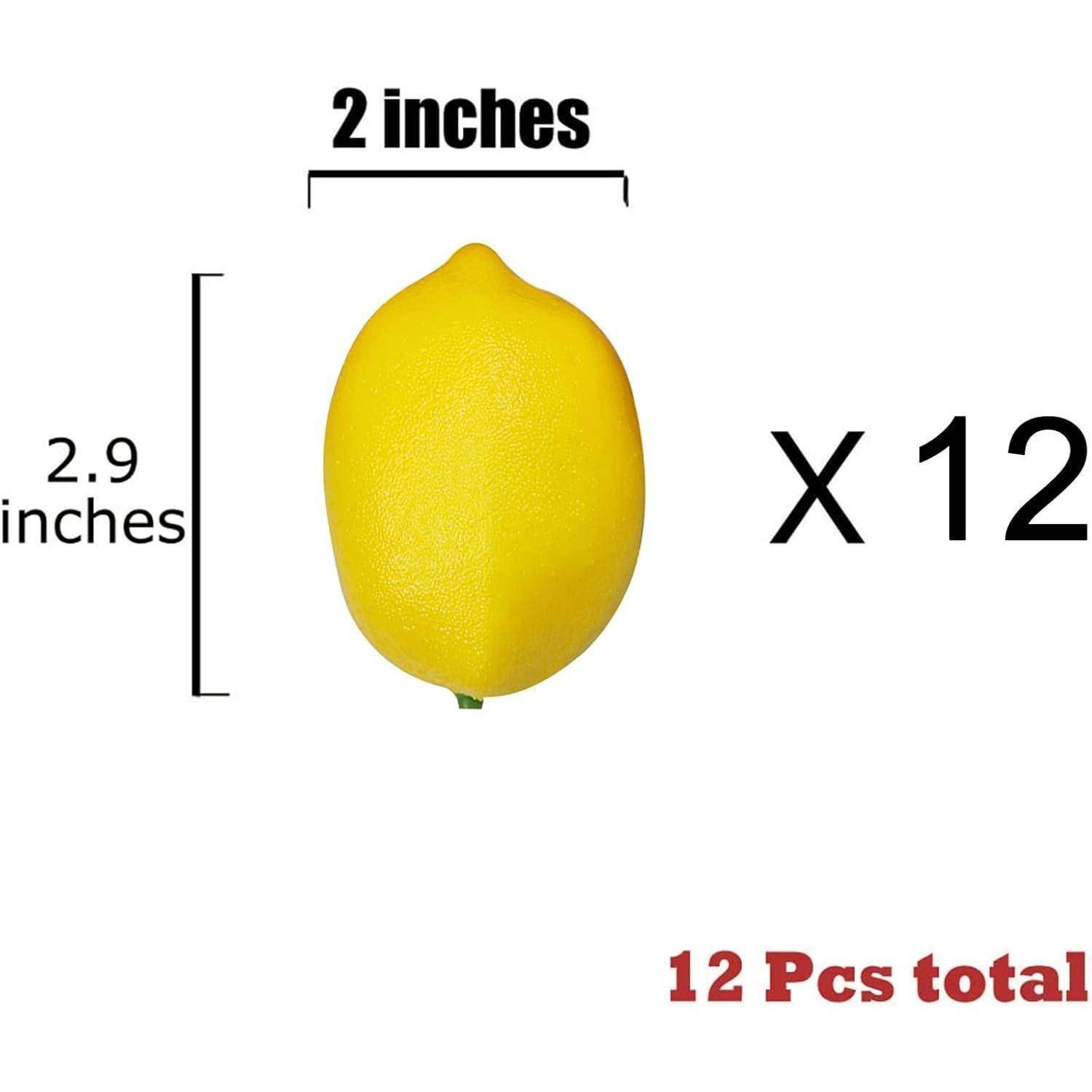 Eine leuchtend gelbe Zitrone mit einer Höhe von 2,9 Zoll und einer Breite von 2 Zoll, mit dem Vermerk '12 Stück insgesamt' rechts neben der Zitrone.