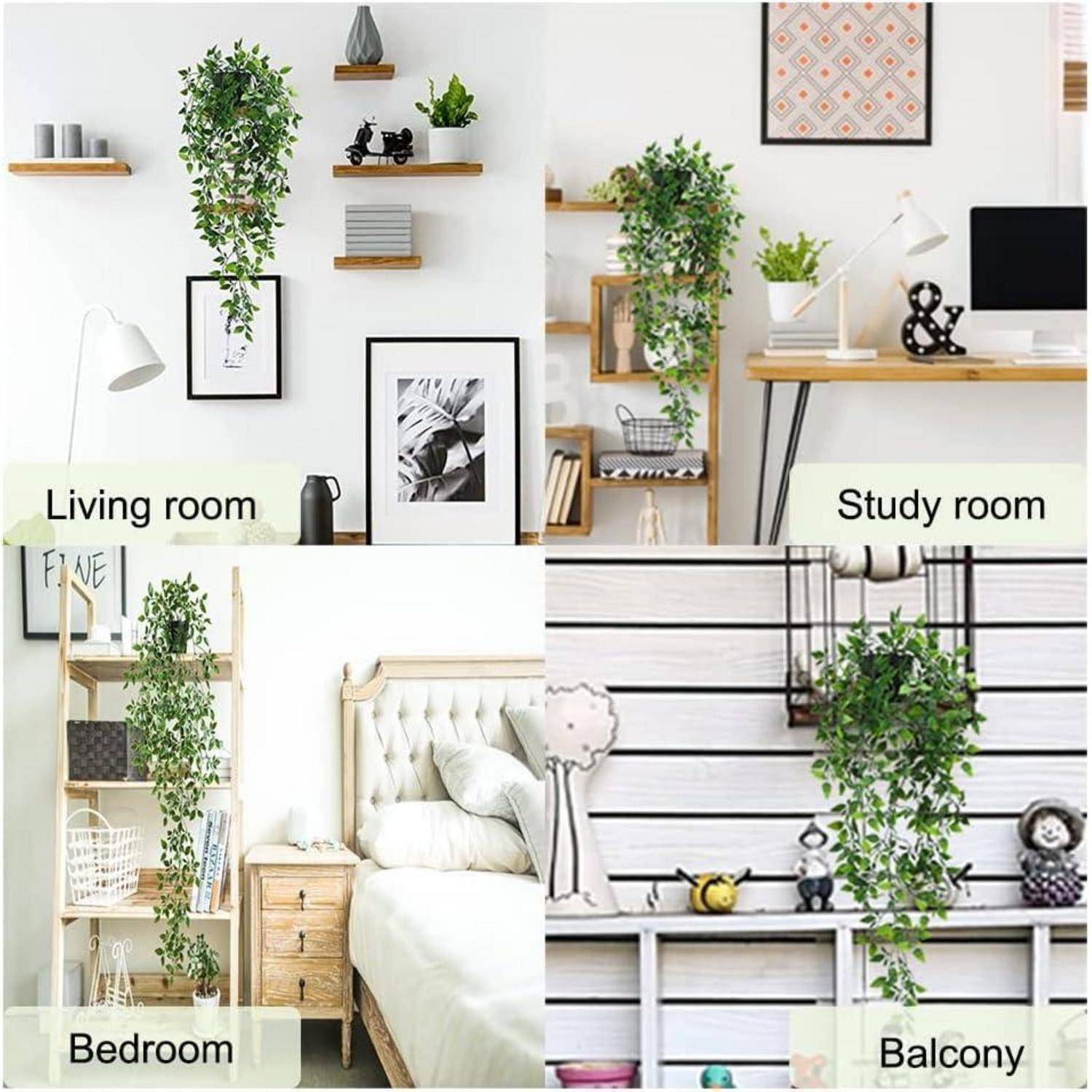 Vier dekorative Räume mit Pflanzen: Wohnzimmer und Arbeitszimmer verfügen über Wandregale mit grünem Blattwerk; Schlafzimmer und Balkon präsentieren Pflanzen auf Regalen.