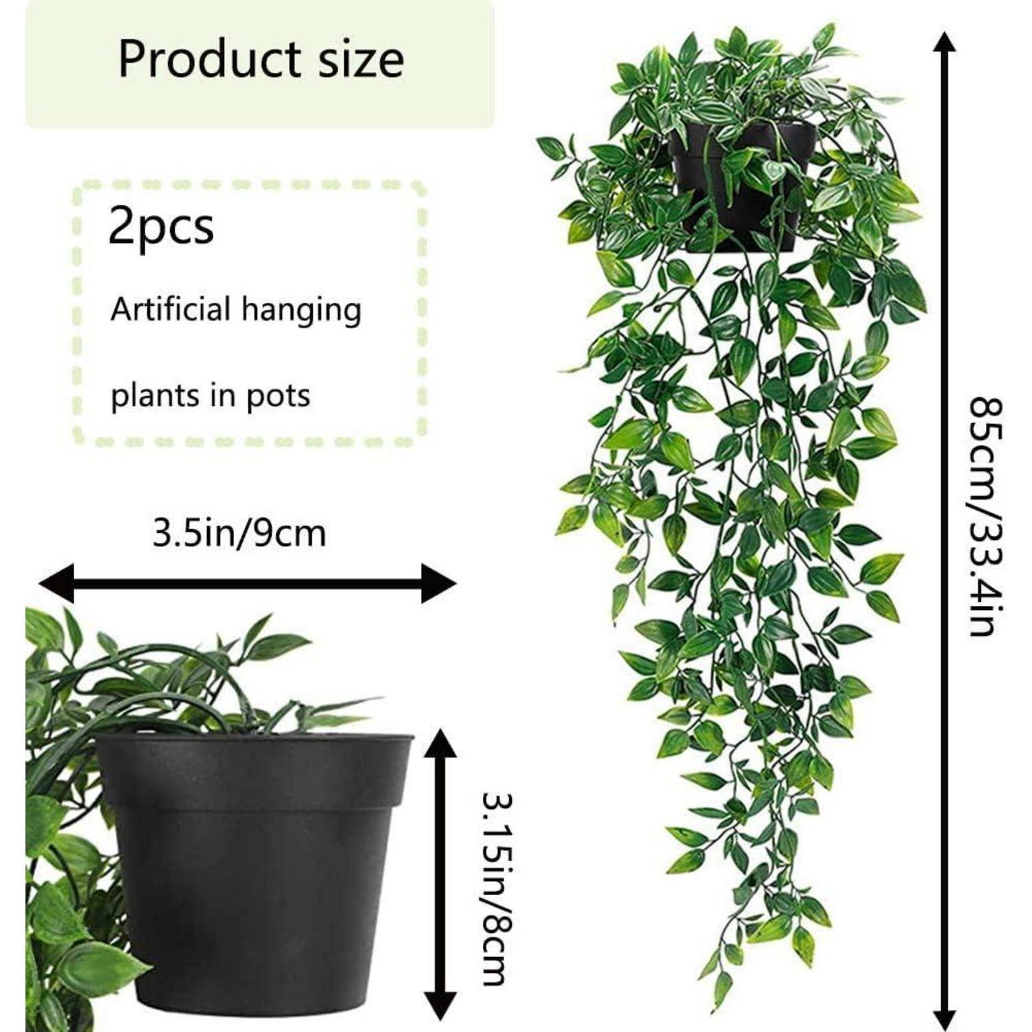 Zwei künstliche Hängepflanzen in schwarzen Töpfen, jeweils 85 cm hoch. Die Abmessungen des Topfes betragen 9 cm Breite und 8 cm Höhe. Text lautet '2 Stück'.