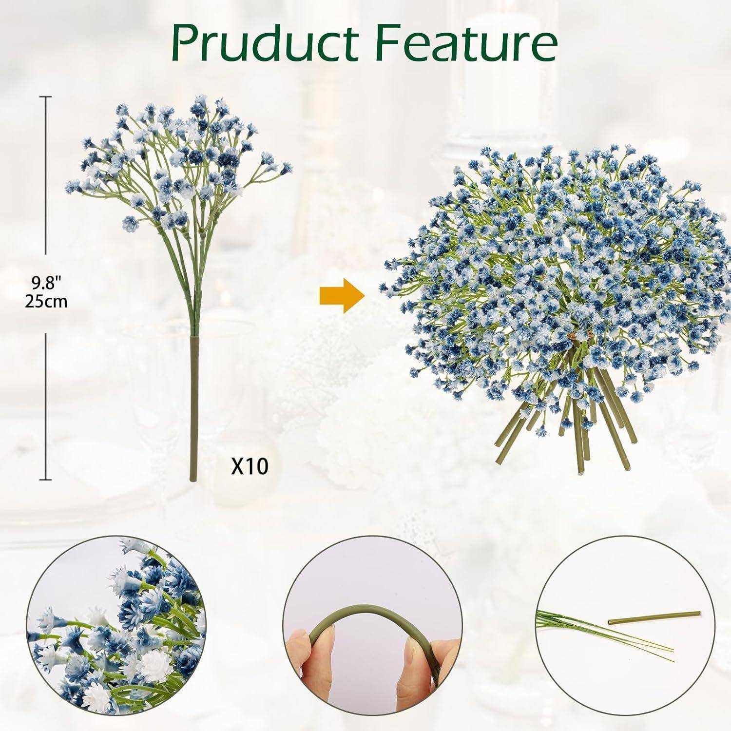 Künstliche blaue Blumen mit Stielen, 24,9 cm lang. Flexibel, mit gebogener Darstellung. Umfasst 10 Stiele, die Haltbarkeit und Design hervorheben.