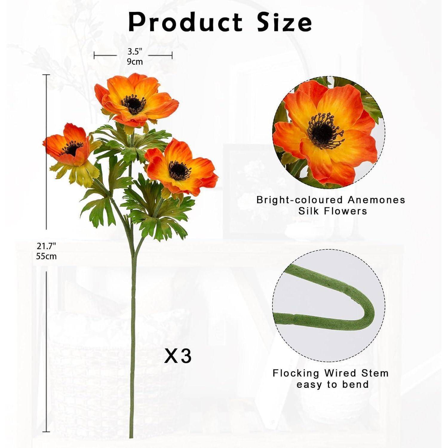 Produktgröße': Leuchtend farbige Anemonen mit Seidenblumen, 55,1 cm Höhe, 8,9 cm Blumenduchmesser. Enthält drei Stiele mit drahtgebundener, biegsamer Flockung.