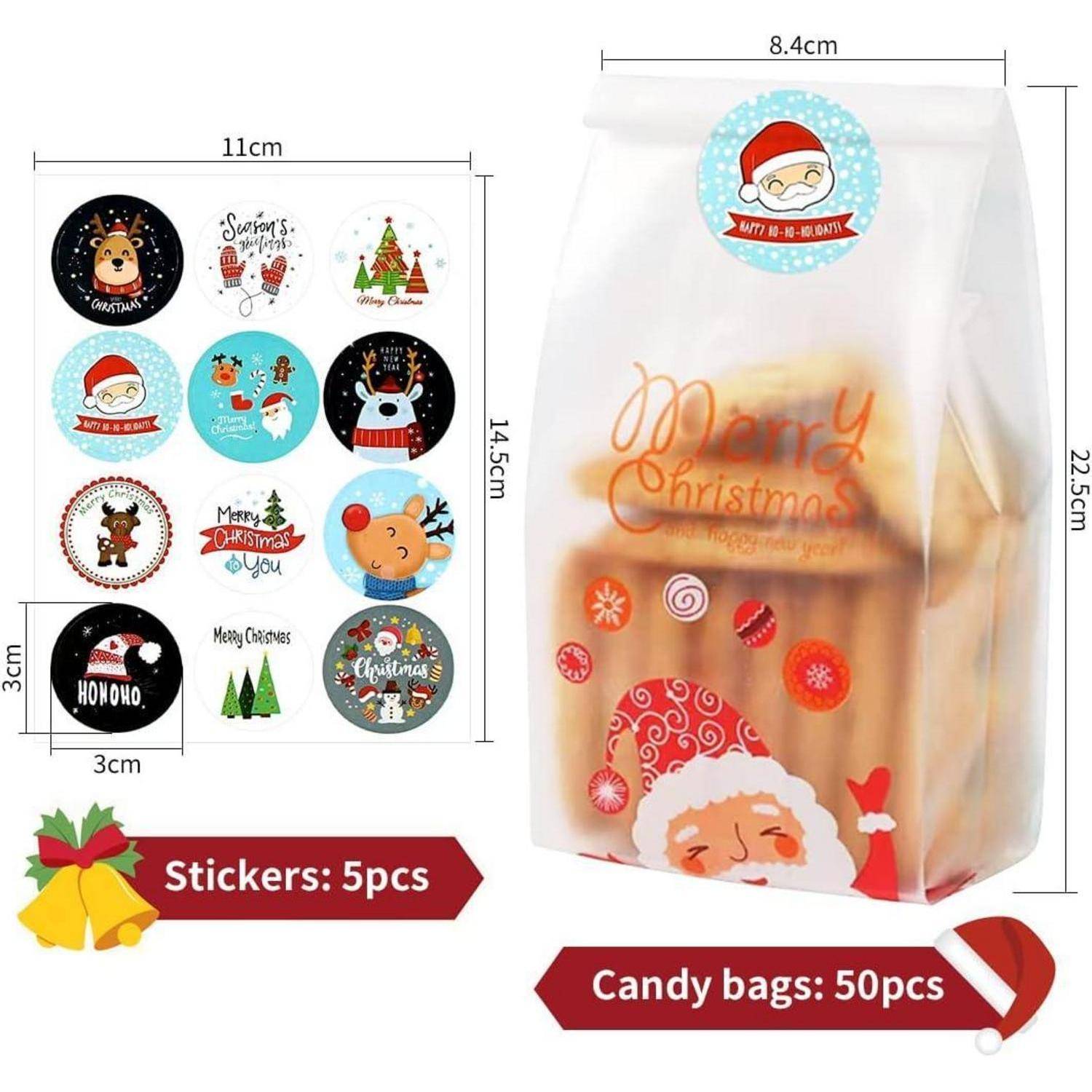 Set enthält: 5 weihnachtliche Sticker (3cm) mit Feiertagsdesigns und eine Süßigkeitentüte mit Weihnachtsmann-Motiv, Maße 14,5cm x 22,5cm.