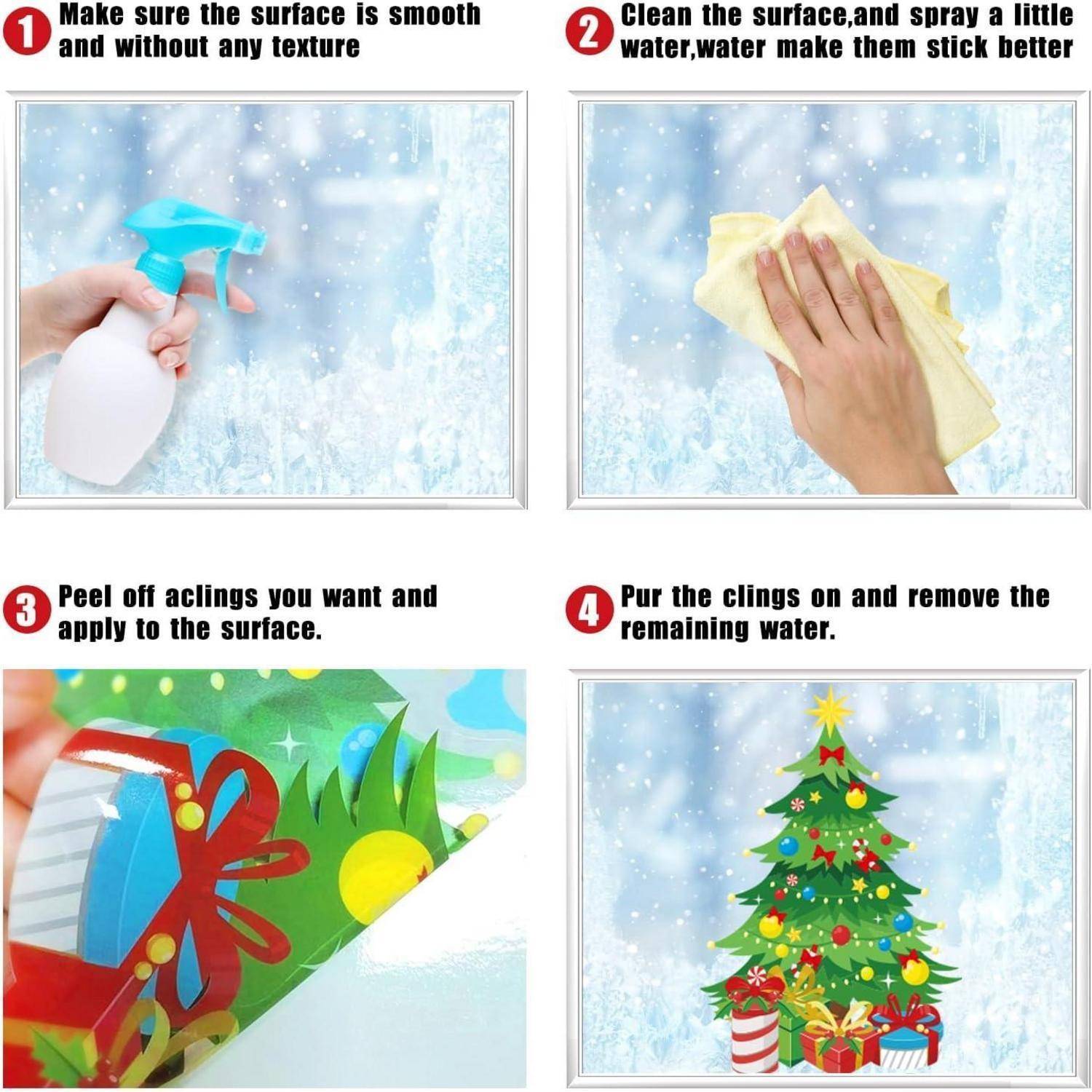 Vierstufiger Prozess zum Anbringen von Aufklebern: 1) Oberfläche glatt machen, 2) Reinigen und mit Wasser besprühen, 3) Aufkleber anbringen, 4) Luftblasen entfernen.