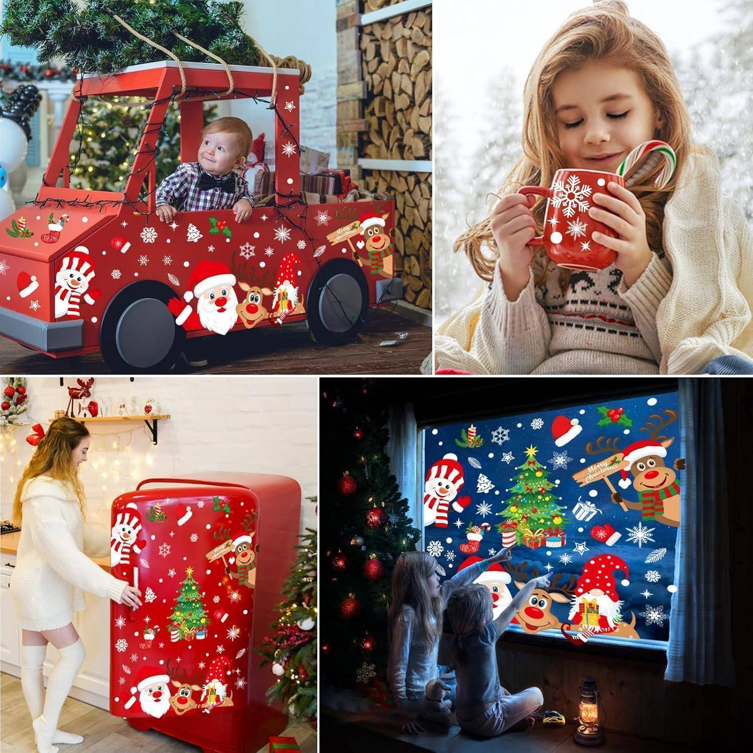 Eine festliche Collage mit einem Spielzeugauto, geschmückt mit Feiertagsdekoration, einem Kind mit einer Tasse, einer Frau vor einem weihnachtlich dekorierten Kühlschrank und zwei Kindern an einem Fenster mit weihnachtlichen Grafiken.