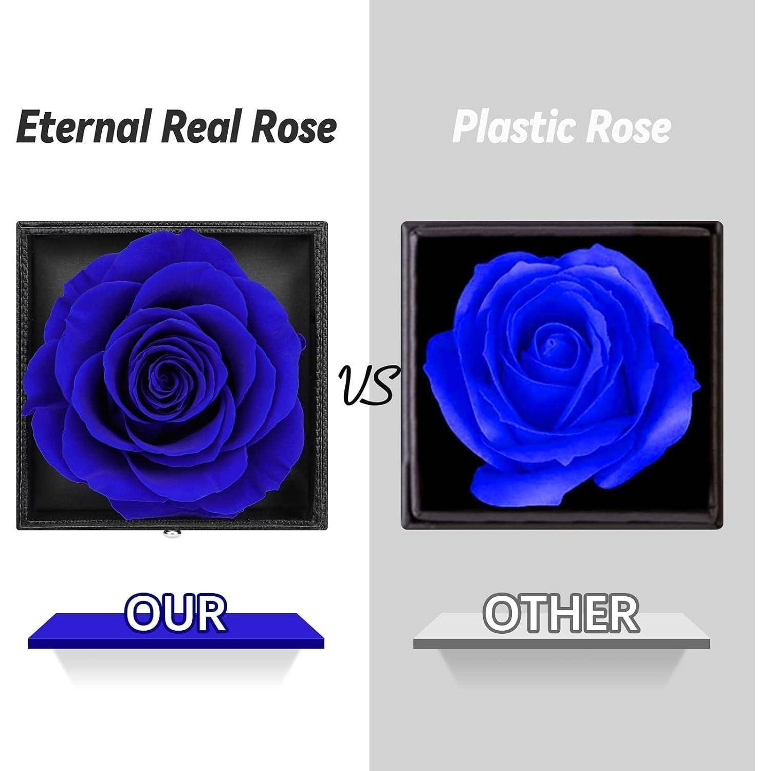 Ewige echte Rose' links zeigt eine detaillierte blaue Rose in einer quadratischen Box. 'Plastikrose' rechts zeigt eine einfachere, weniger lebendige Rose.