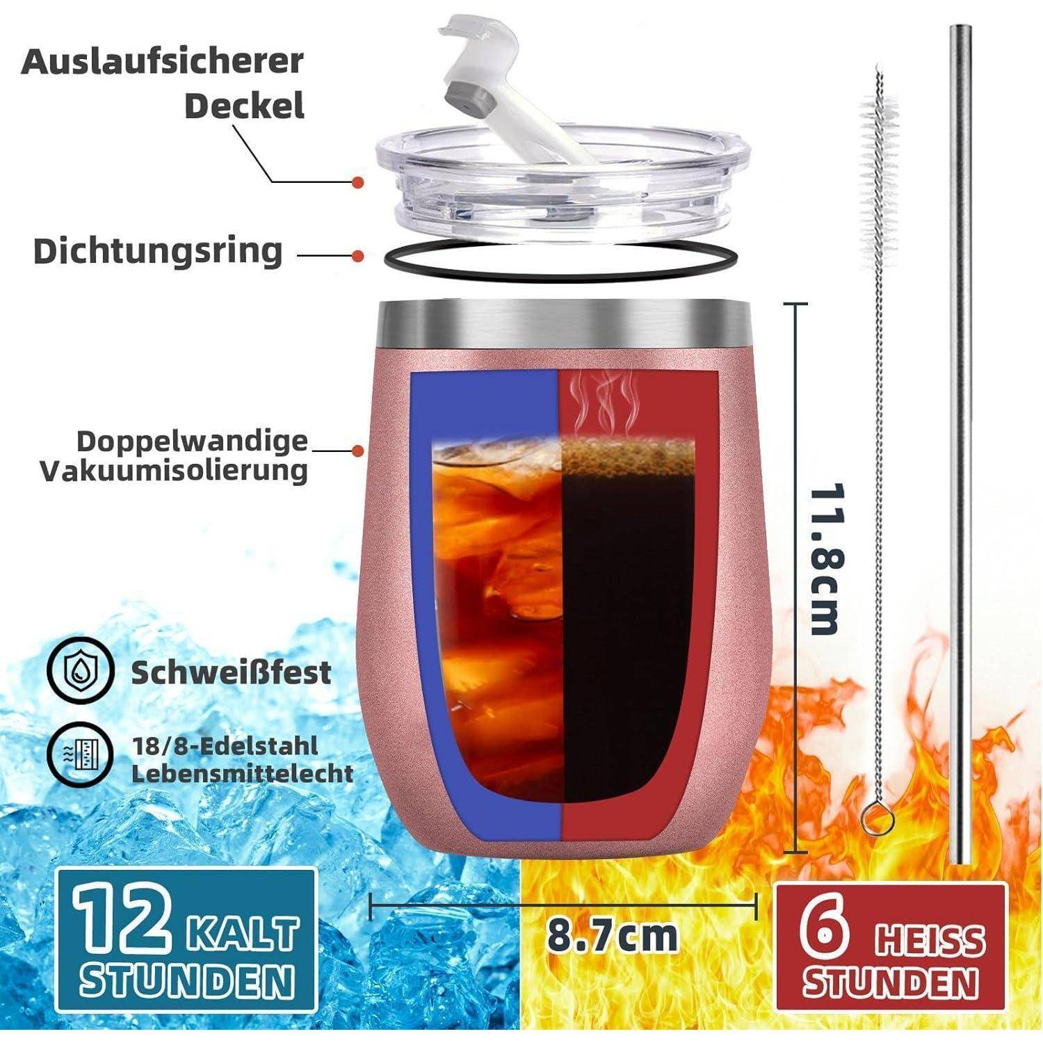 Thermosbecher mit auslaufsicherem Deckel, doppelwandiger Isolierung. Hält Getränke 12h kalt, 6h heiß. Inklusive Strohhalm und Reinigungsbürste.