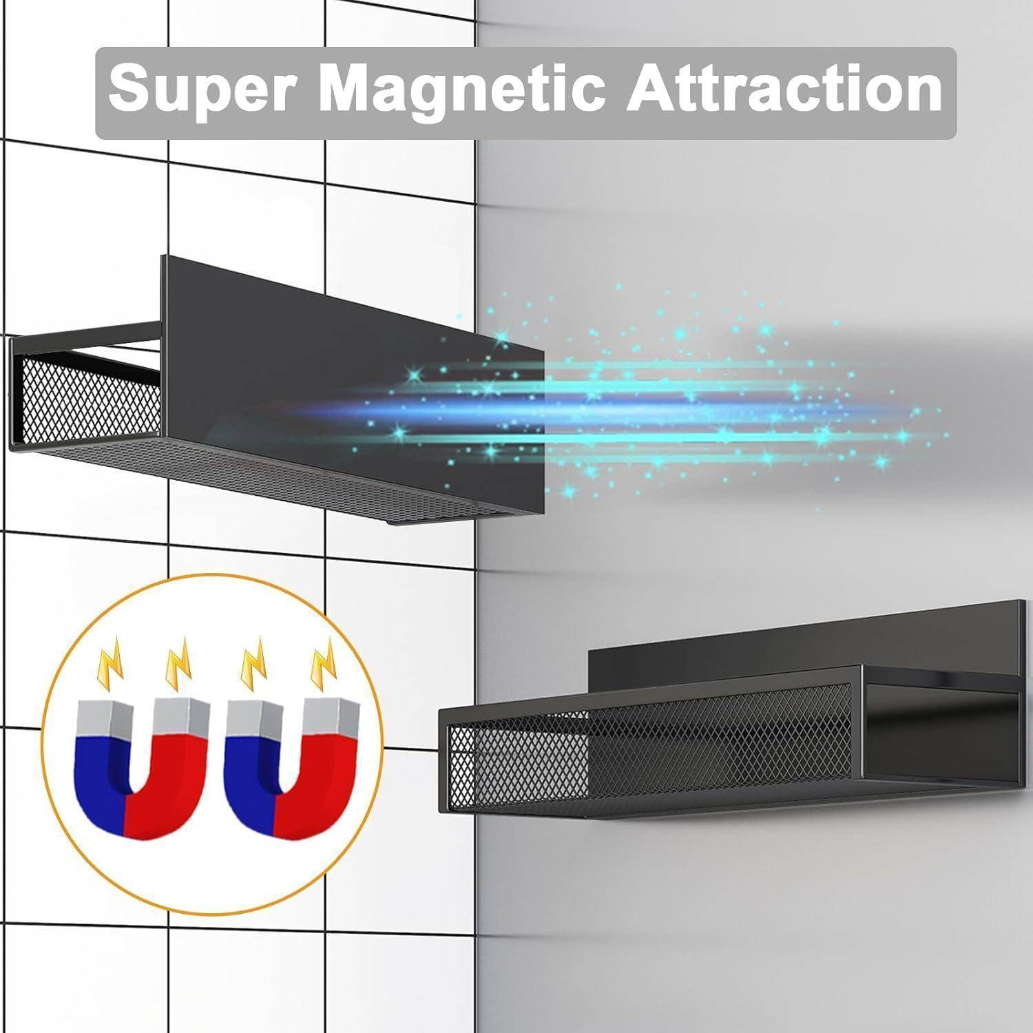 Schwarzes Metallfachbrett mit blauen magnetischen Feldlinien und Symbolen, die magnetische Kräfte darstellen, kombiniert mit dem Text 