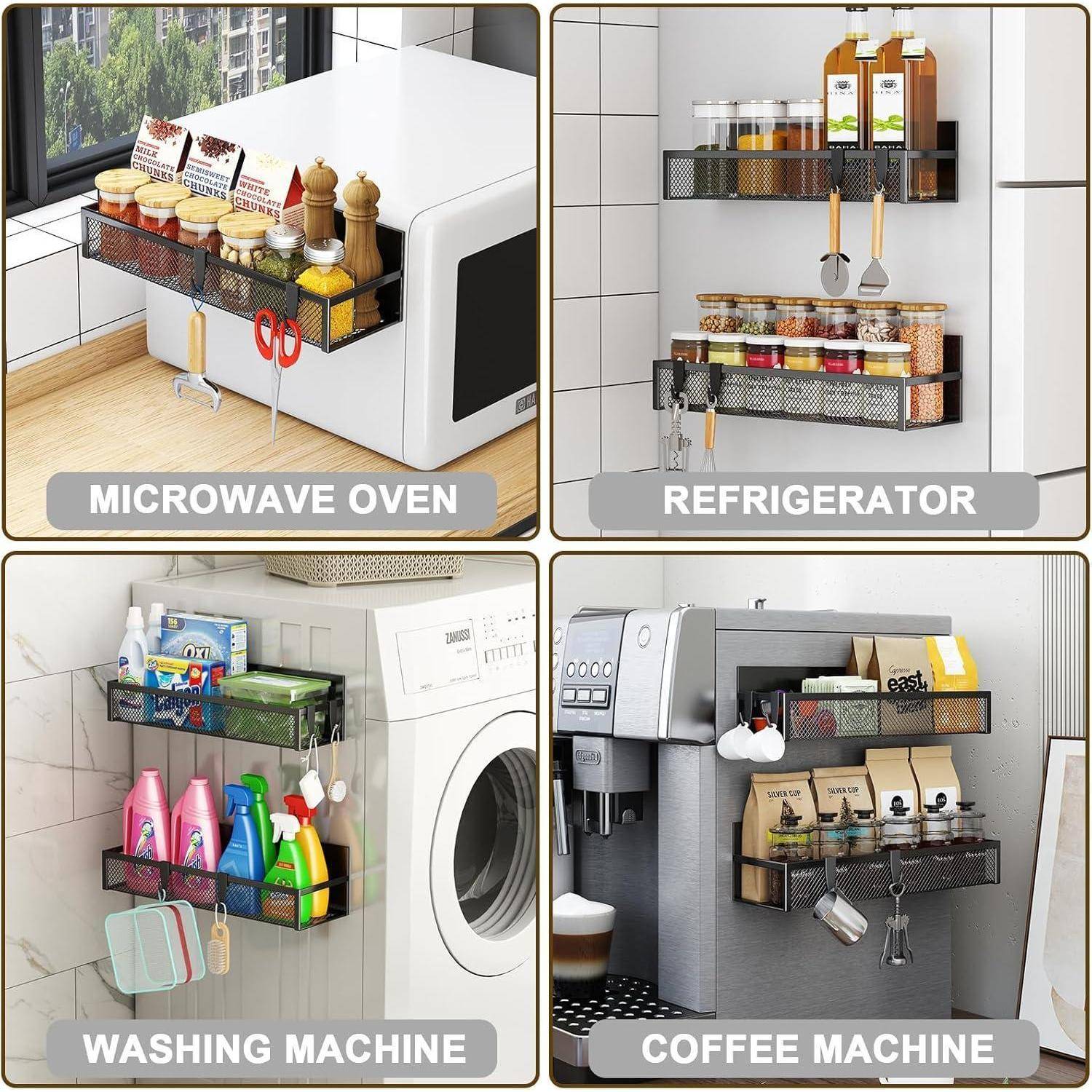Vier compartimentierte Regale: Gewürze neben einer Mikrowelle, Öle in der Nähe eines Kühlschranks, Reinigungsmittel auf einer Waschmaschine, Kaffee-Utensilien neben einer Maschine.