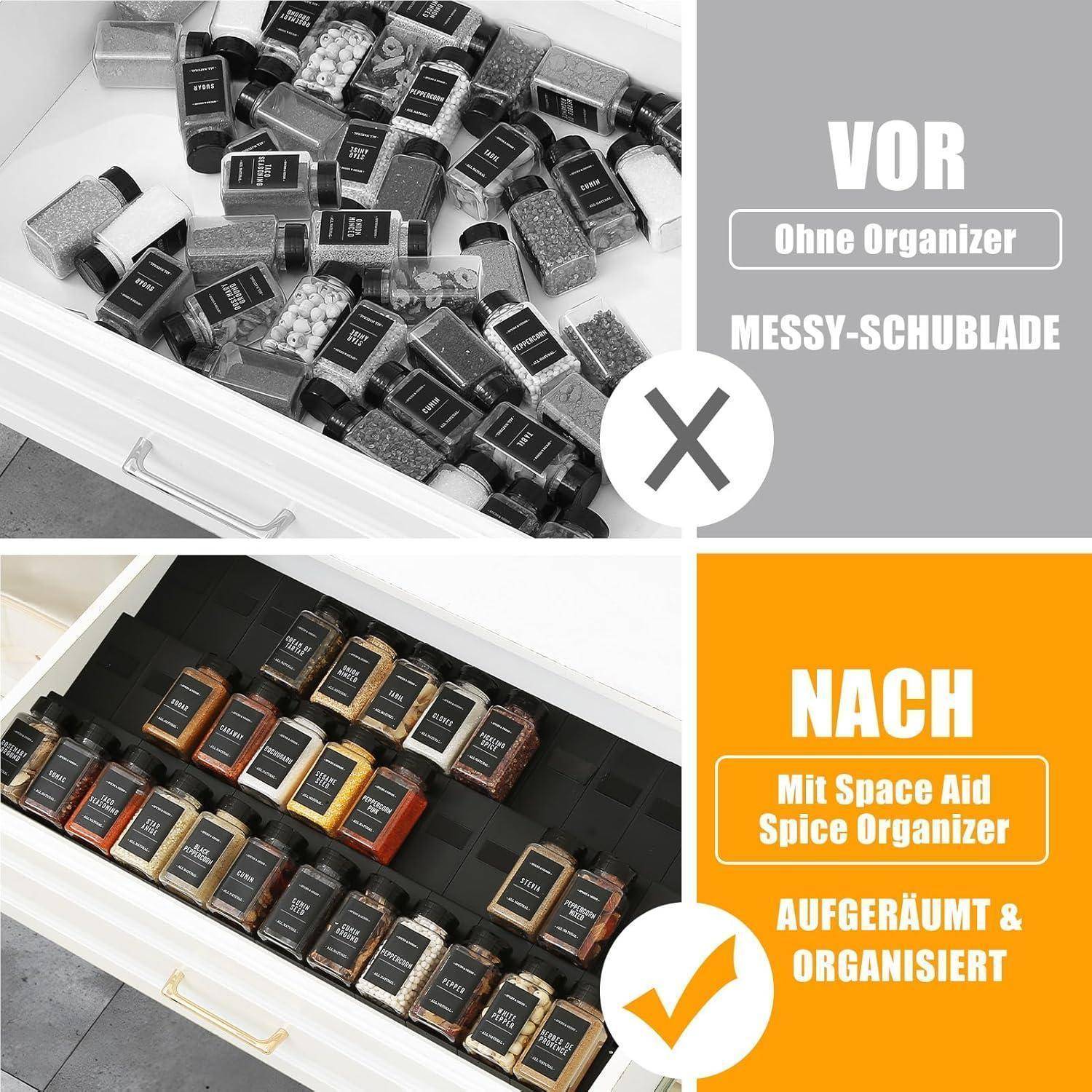 Oberes Bild: Unordentliche Gewürzschublade mit der Bezeichnung 