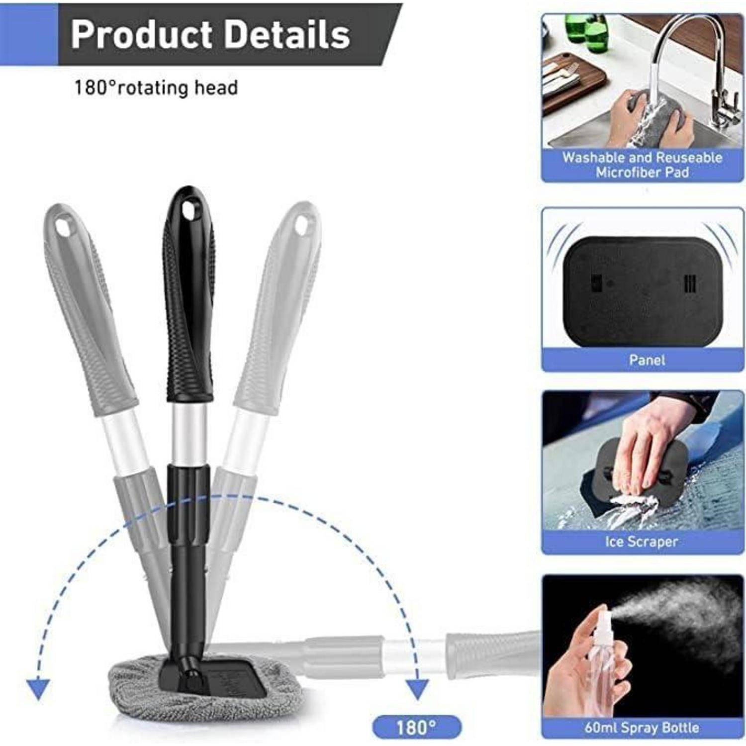 Produktdetails: 180°-drehbarer Kopf zeigt einen Wasch- und wiederverwendbaren Mikrofasermop mit Funktionen wie einer Platte, einem Eiskratzer und einer 60-ml-Sprühflasche.