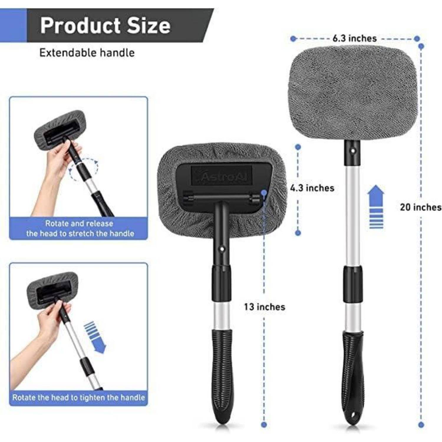 Ausziehbarer Fensterreiniger mit einer Länge von 20 Zoll, einem 6,3 Zoll großen Kopf und einem Rotationsmechanismus zur Einstellung der Grifflänge von 13 bis 20 Zoll.