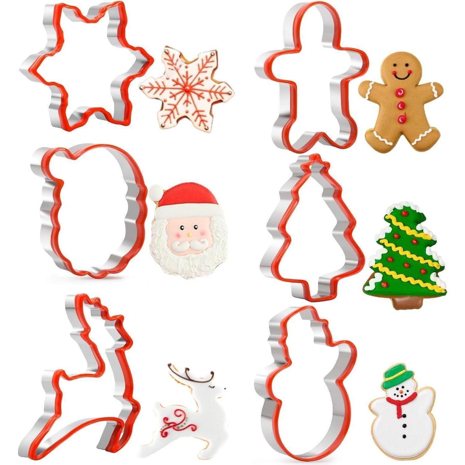 Weihnachtlich gestaltete Ausstechformen und dekorierte Plätzchen in Formen wie Schneeflocke, Lebkuchenmann, Weihnachtsmann, Baum, Rentier und Schneemann.