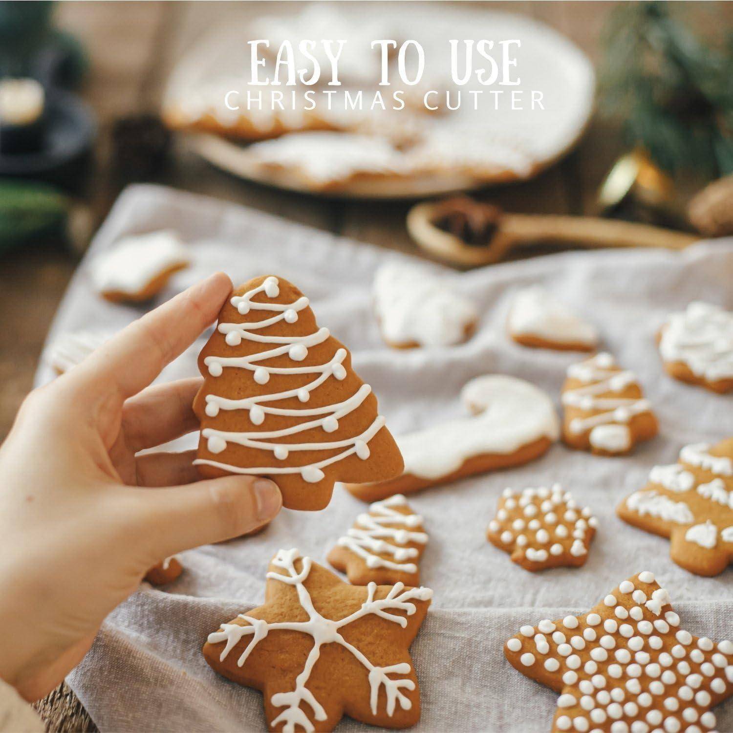 Eine Hand hält einen mit weißer Zuckerguss verzierten Lebkuchen; weitere dekorierte Kekse befinden sich auf einem Tablett. Text oben liest sich: „Weihnachts-Ausstechform – Einfach zu bedienen".