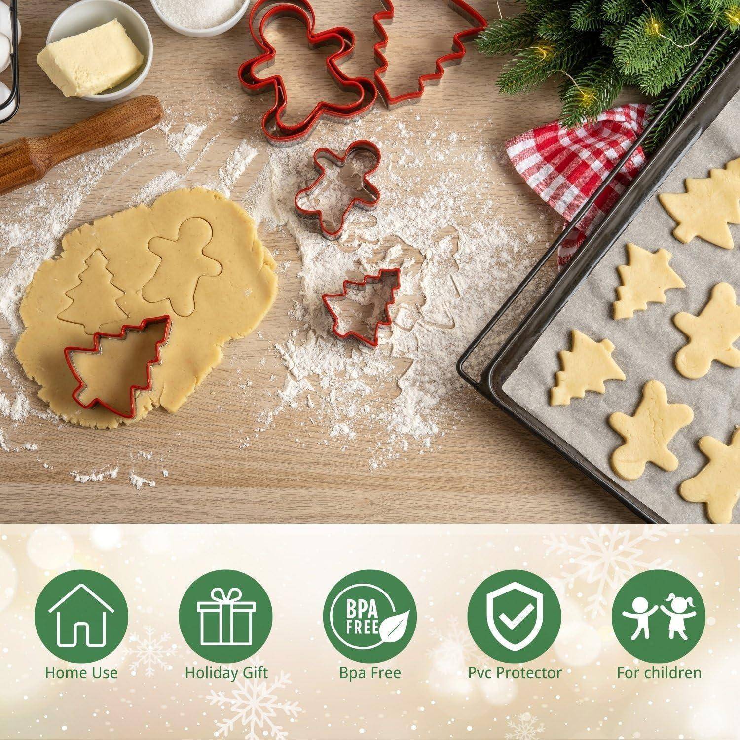 Szene beim Backen mit Ingwerplätzchenmasse und Ausstechformen auf einer mehligen Oberfläche, Plätzchen auf einem Backblech und Feiertagssymbolen darunter.