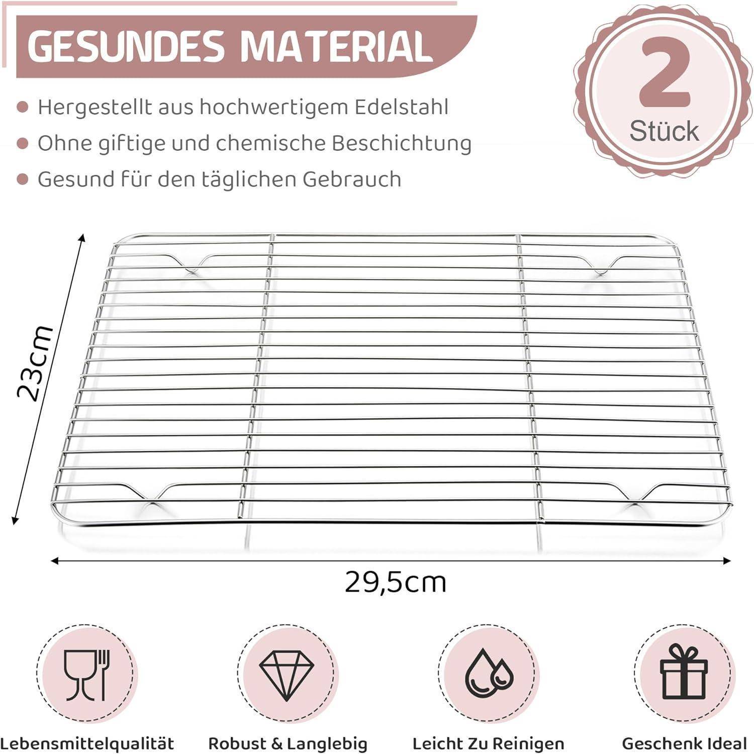 Metallkühlgestell Abmessungen: 29,5 cm x 23 cm. Beschrieben als ‚Hochwertige Edelstahlausführung, ungiftig, leicht zu reinigen, ideal als Geschenk.' 2 Stück pro Set.