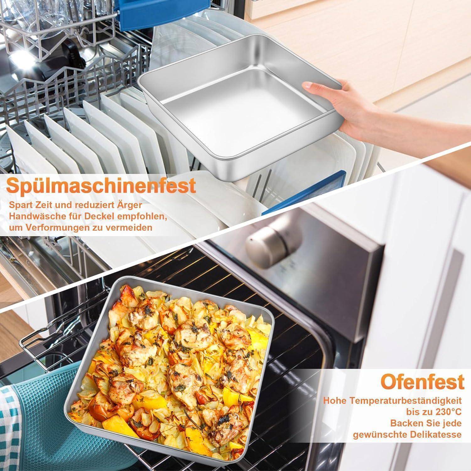 Auflaufform Edelstahl 24x24x5cm mit Deckel Quadratische Backform