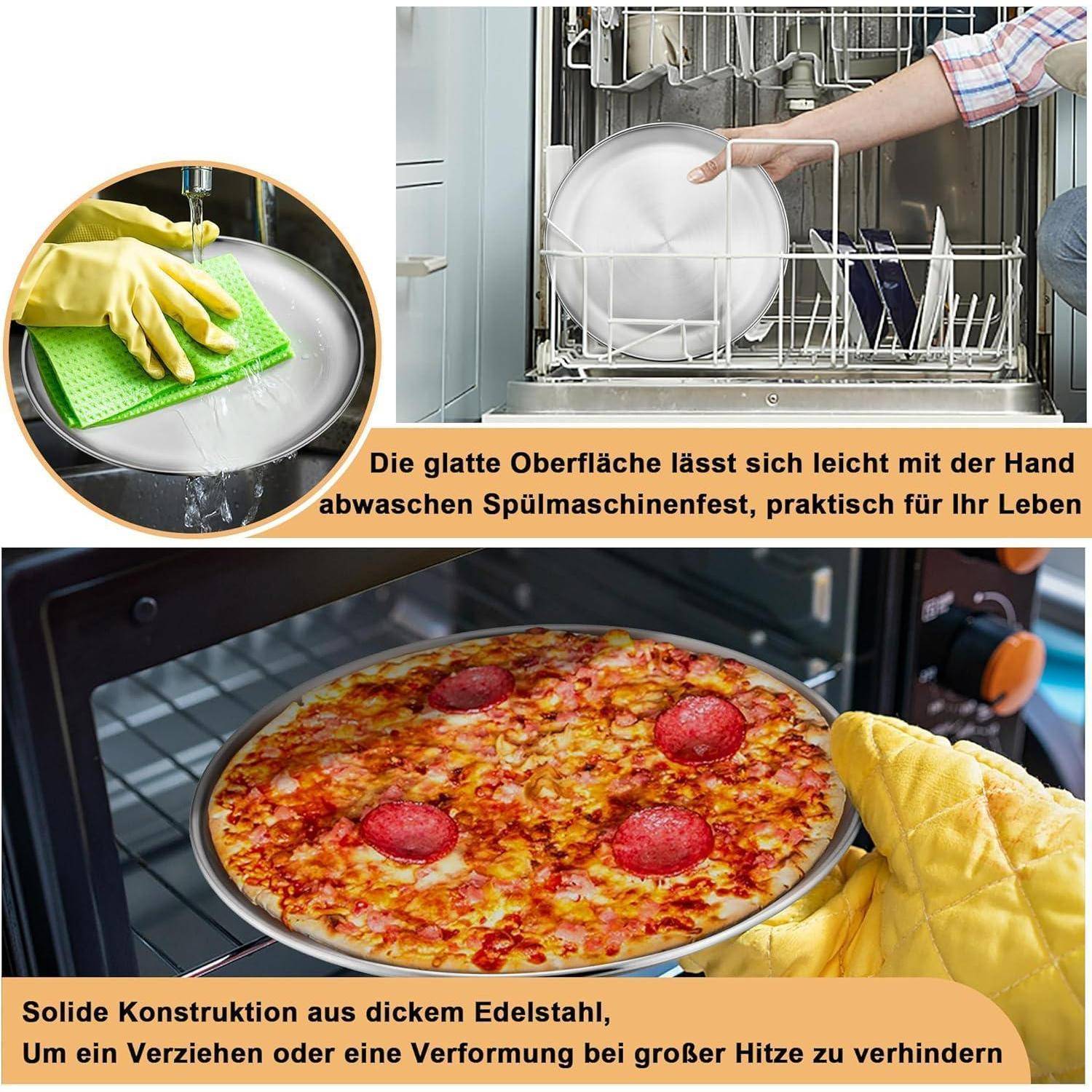 Das Bild zeigt einen Geschirrspüler, der beladen wird, eine Hand, die ein Waschbecken mit einem Schwamm reinigt, und eine Pizza im Ofen. Der deutsche Text betont die Haltbarkeit und Praktikabilität des Produkts.