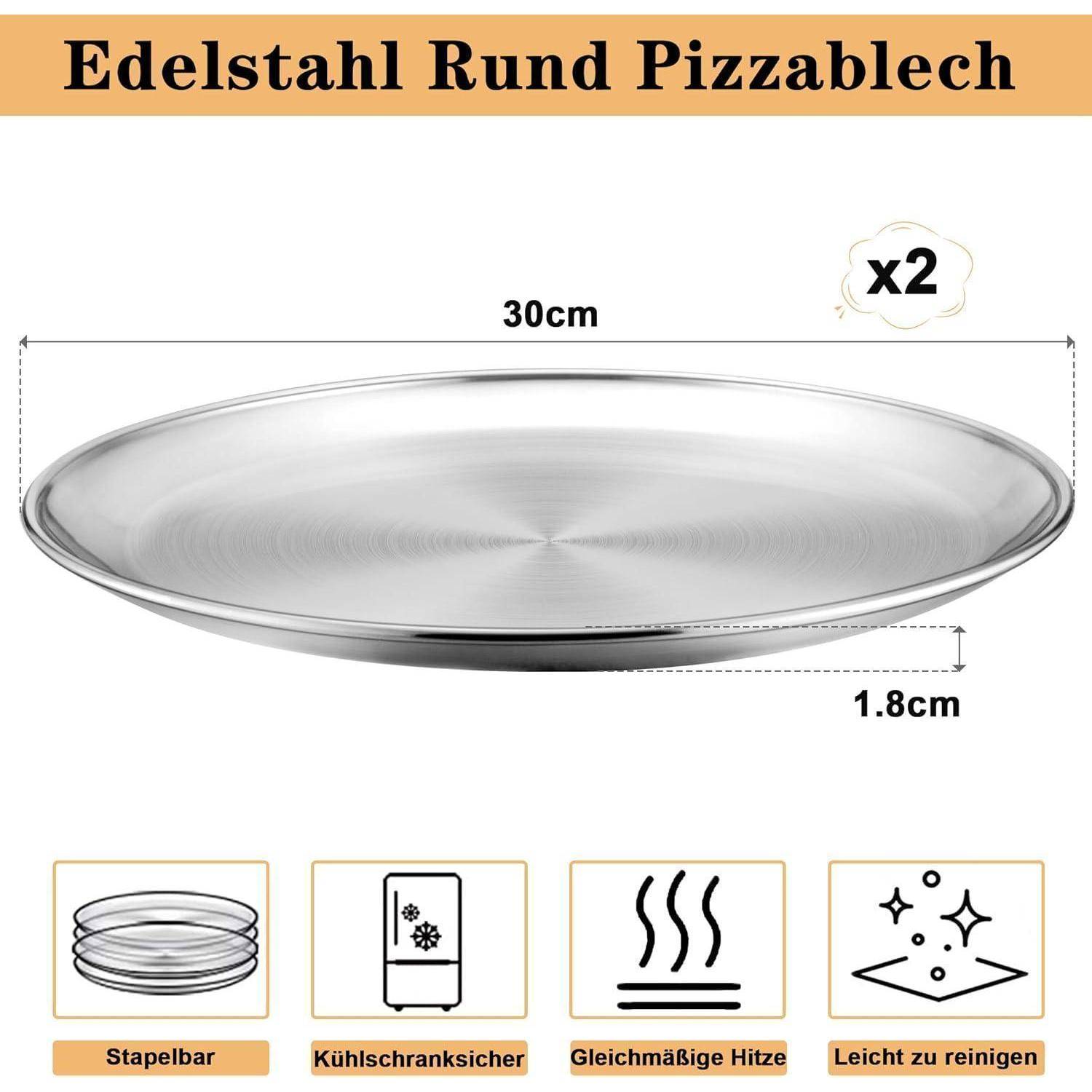 Silbernes rundes Pizzablech, 30 cm Durchmesser, 1,8 cm Höhe, 'Edelstahl Rund Pizzablech', stapelbar, kühlschranktauglich, gleichmäßige Wärmverteilung, leicht zu reinigen, 2er-Set.