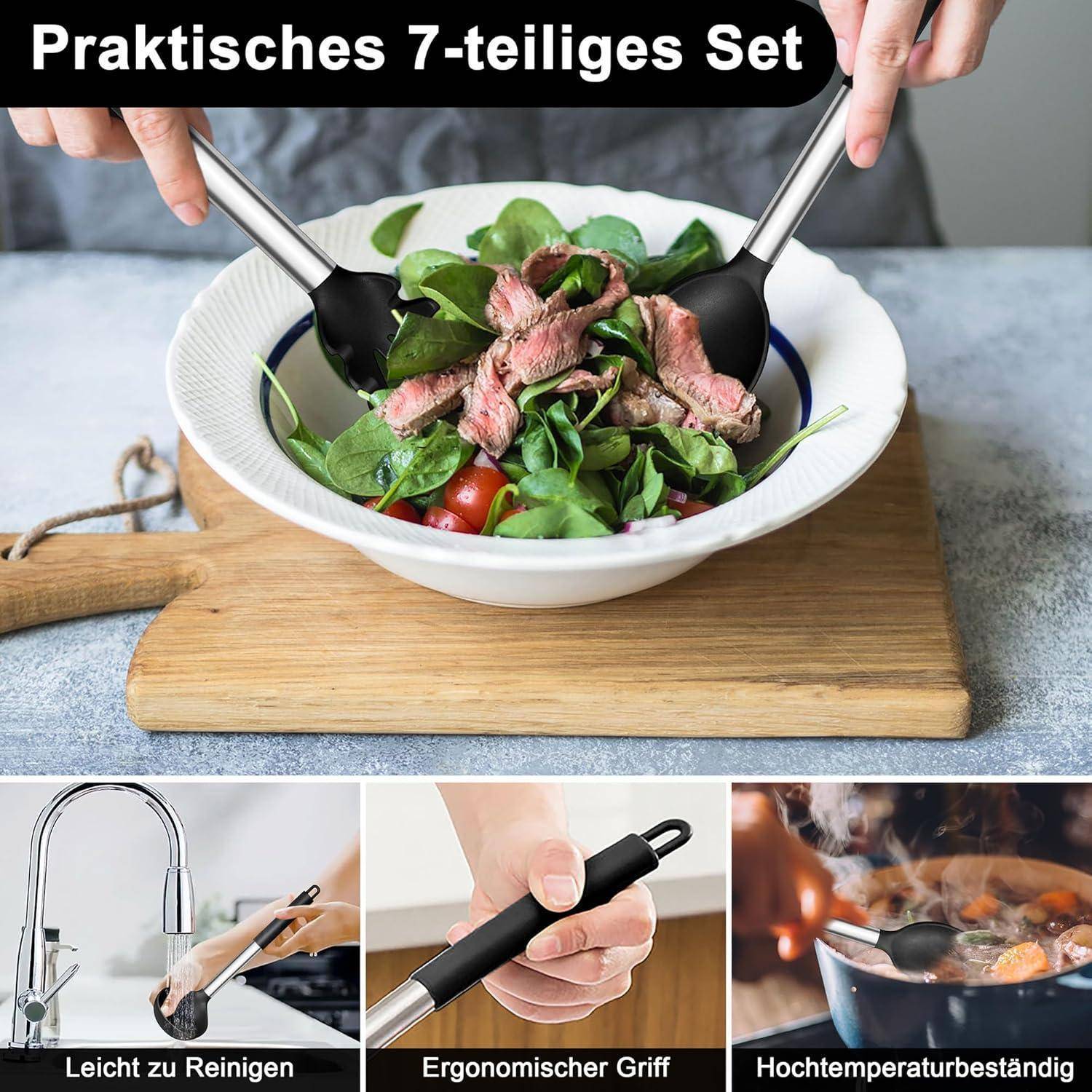 Küchengreifer in verschiedenen Anwendungen gezeigt: Salat servieren, Grillzange und Reinigung. Text lautet 'Praktisches 7-teiliges Set'.