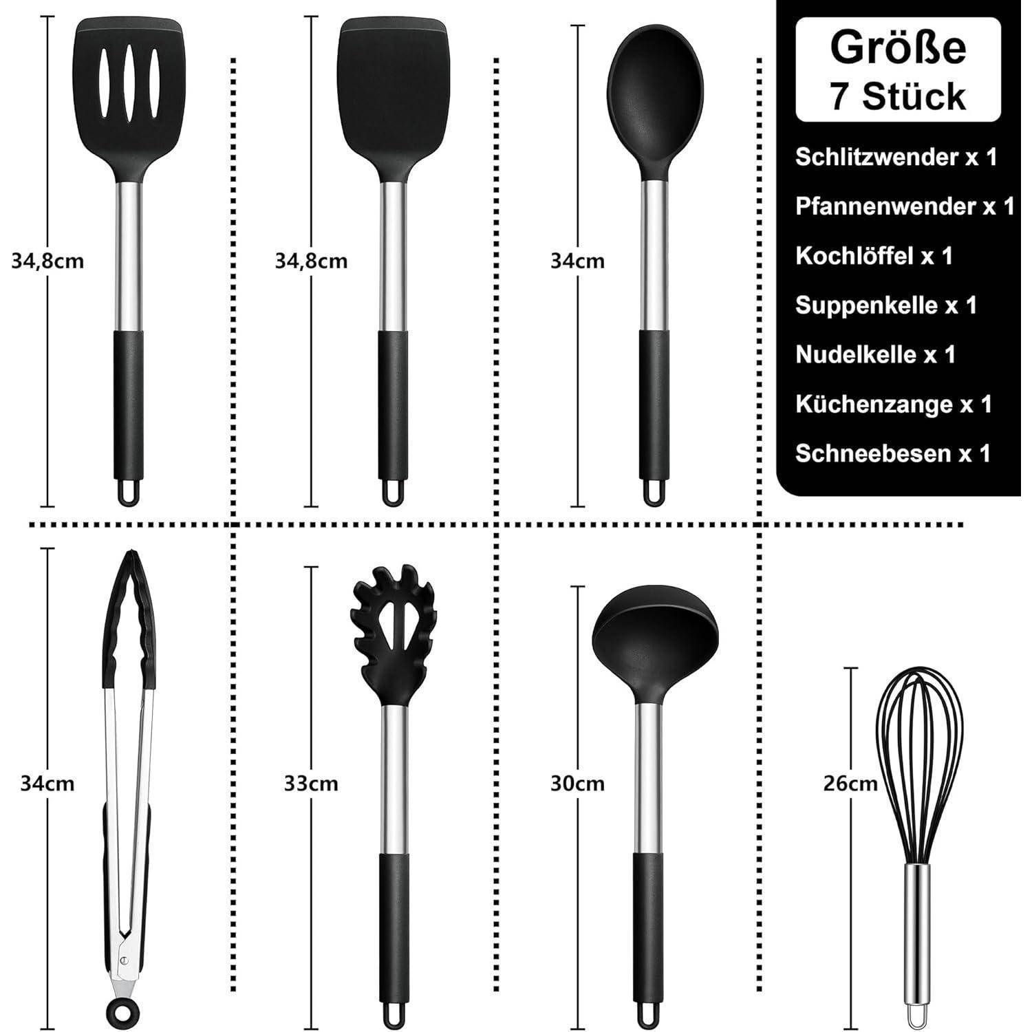 Ein Satz von sieben Küchenutensilien mit Größenangaben in Zentimetern: geschlitzter Pfannenwender, flacher Pfannenwender, massiver Löffel, Schöpfkelle, Zange, Nudelschöpfer, Schneebesen.