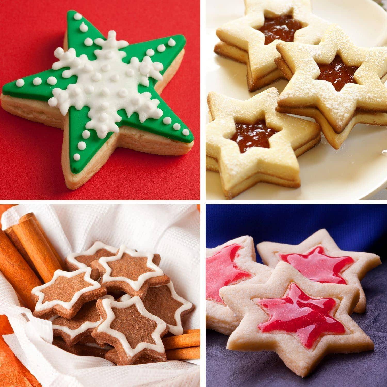Vier Arten von sternenförmigen Plätzchen: grüne Glasur mit weißer Schneeflocke, Konfitüre gefüllt, Lebkuchen mit Glasur und rosa Glasur mit roten Zentren.