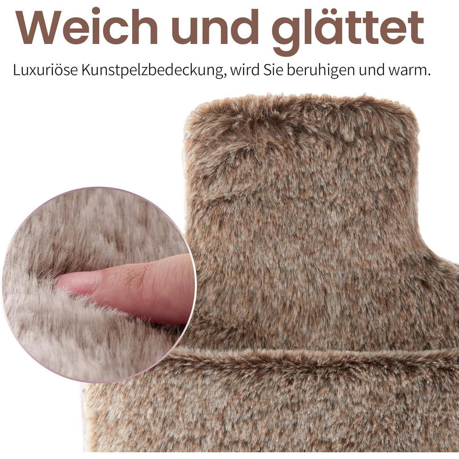 Eine Hand berührt weiches braunes Kunstfell mit dem Text ‚Weich und glättet' darüber, was eine luxuriöse, beruhigende und warme Textur andeutet.