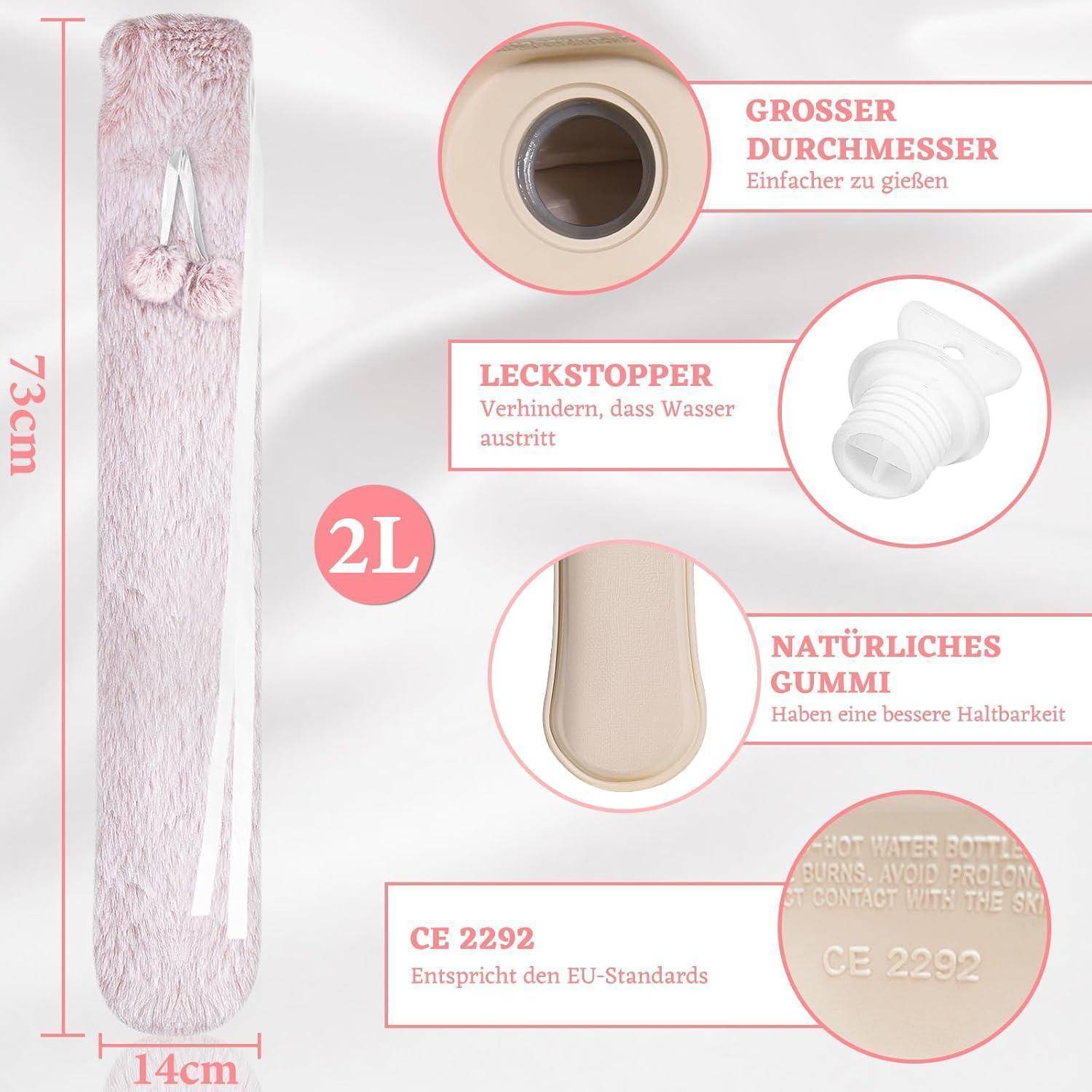 Ein langer, pelziger Wärmflasche mit 2L-Kennzeichnung mit folgenden Merkmalen: größerer Durchmesser, Leckschutz, Naturkautschuk und CE 2292-Konformität. Abmessungen: 73 cm x 14 cm.