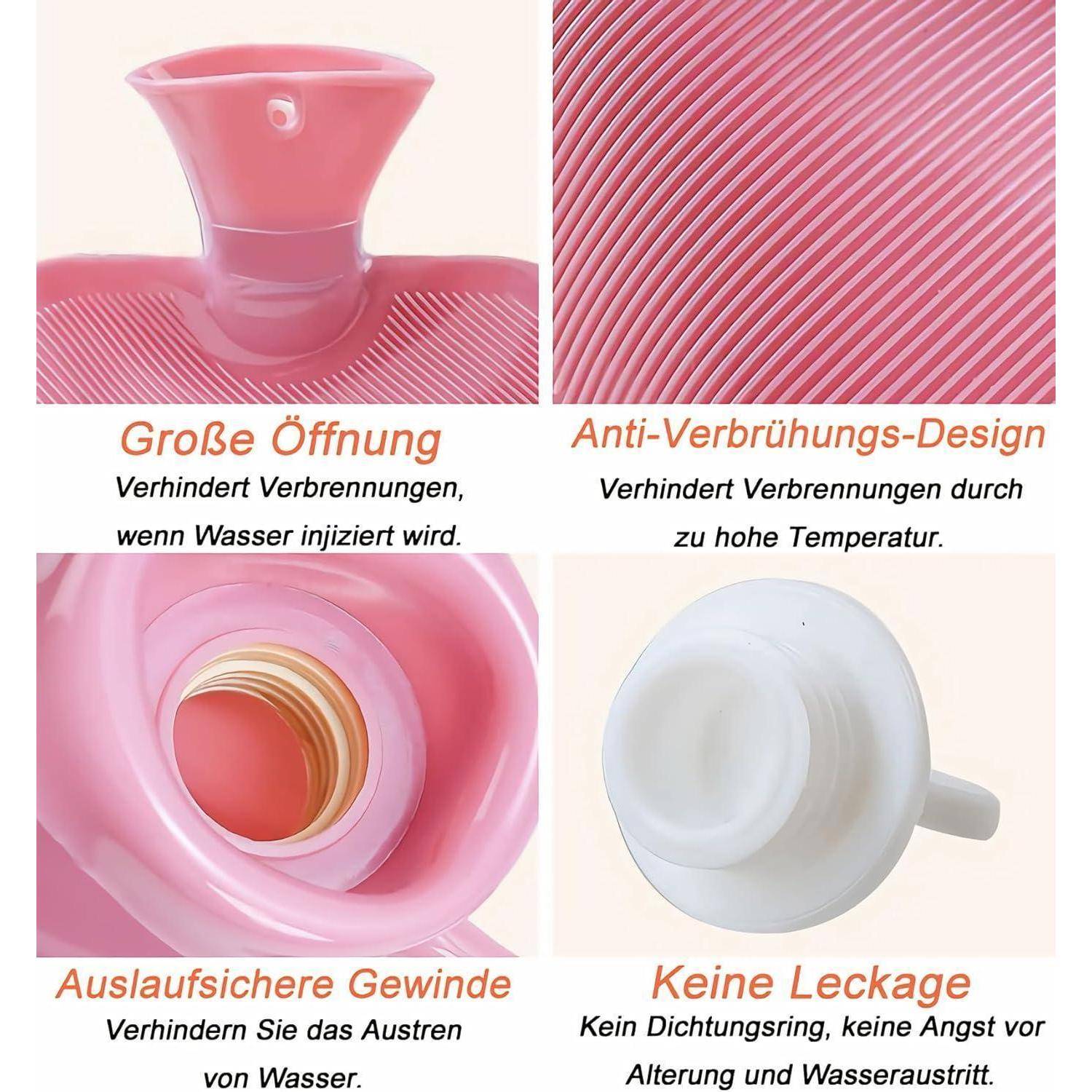 Das Bild zeigt Eigenschaften eines rosa Wärmflasche: große Öffnung zum sicheren Befüllen, Verbrühungsschutz-Design, auslaufsichere Gewinde, keine Auslauftendenz zur Verhinderung von Verschüttungen. Die Beschriftungen sind auf Deutsch.