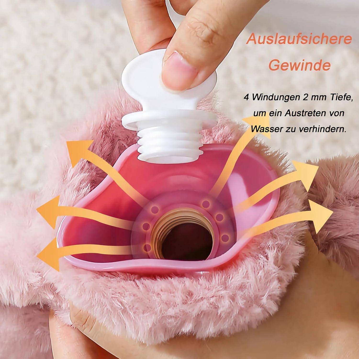 Eine Hand hält eine Wasserflasche mit einem sicheren Schraubverschlussdesign, das vier Rillen aufweist und auf Deutsch beschriftet ist, wobei Pfeile die auslaufsichere Eigenschaft betonen.