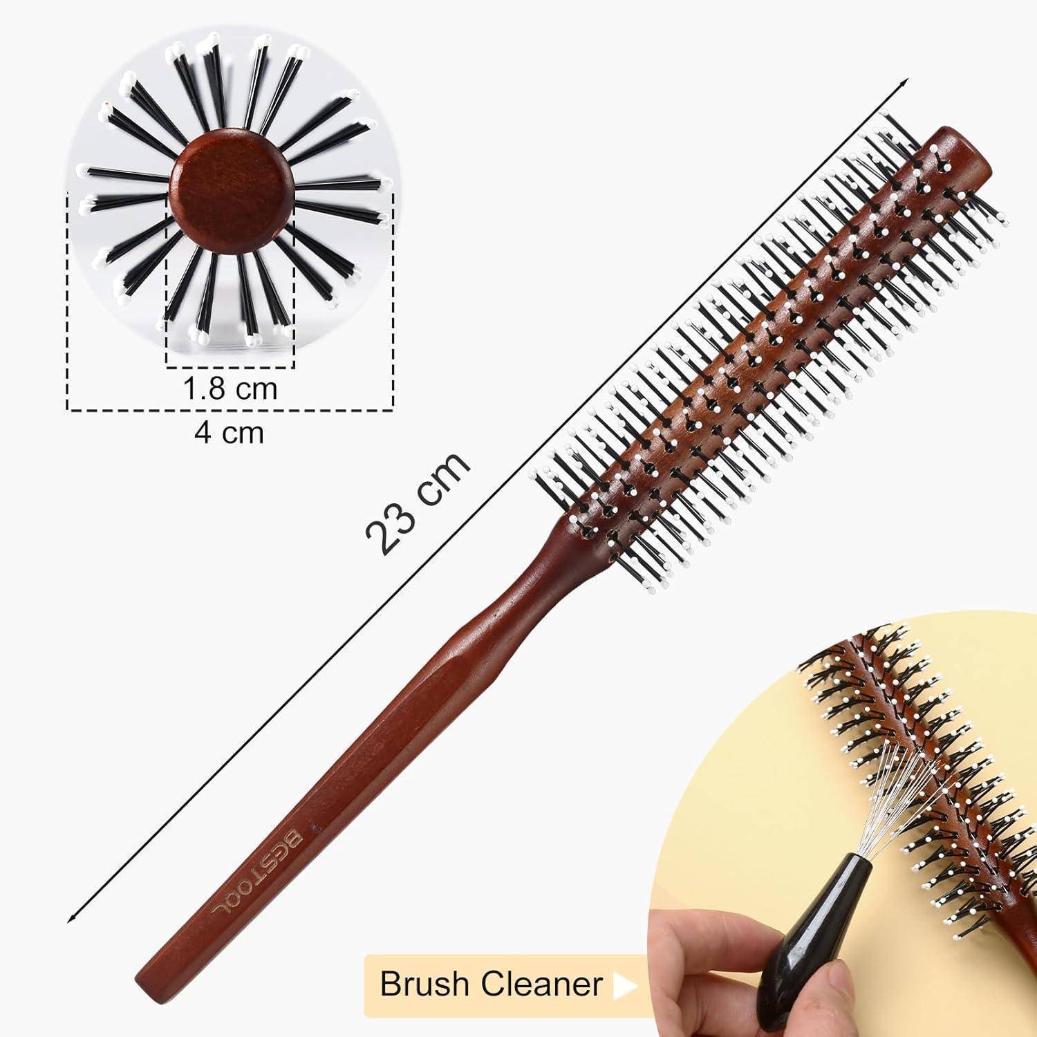 Rundbürste mit Holzgriff, 23 cm lang, mit schwarzen Borsten. Inklusive Borstenreiniger mit 1,8 cm Durchmesser, für einfache Pflege.