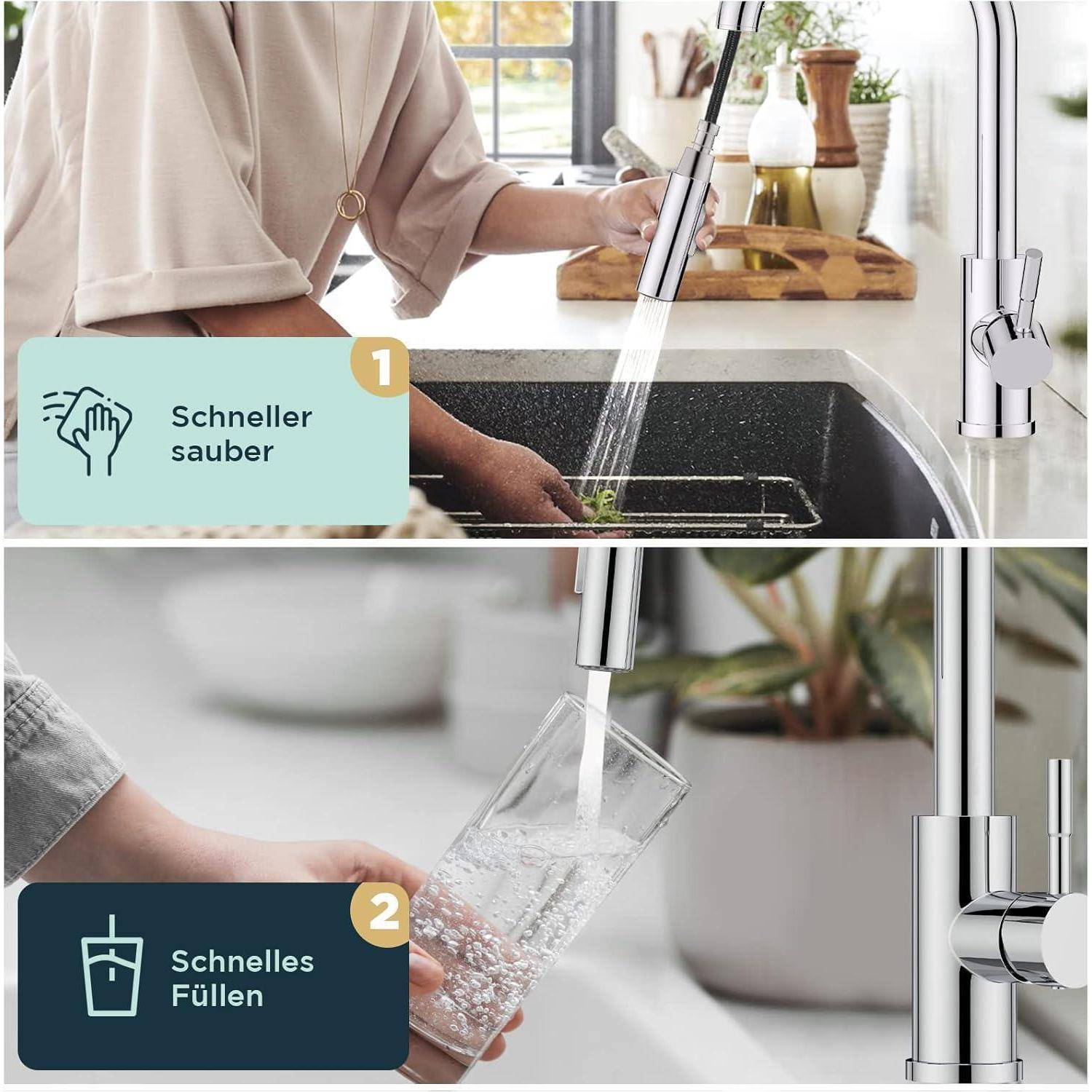 Eine Person, die Geschirr unter einem Wasserhahn abwäscht; Beschriftung lautet „Schneller sauber